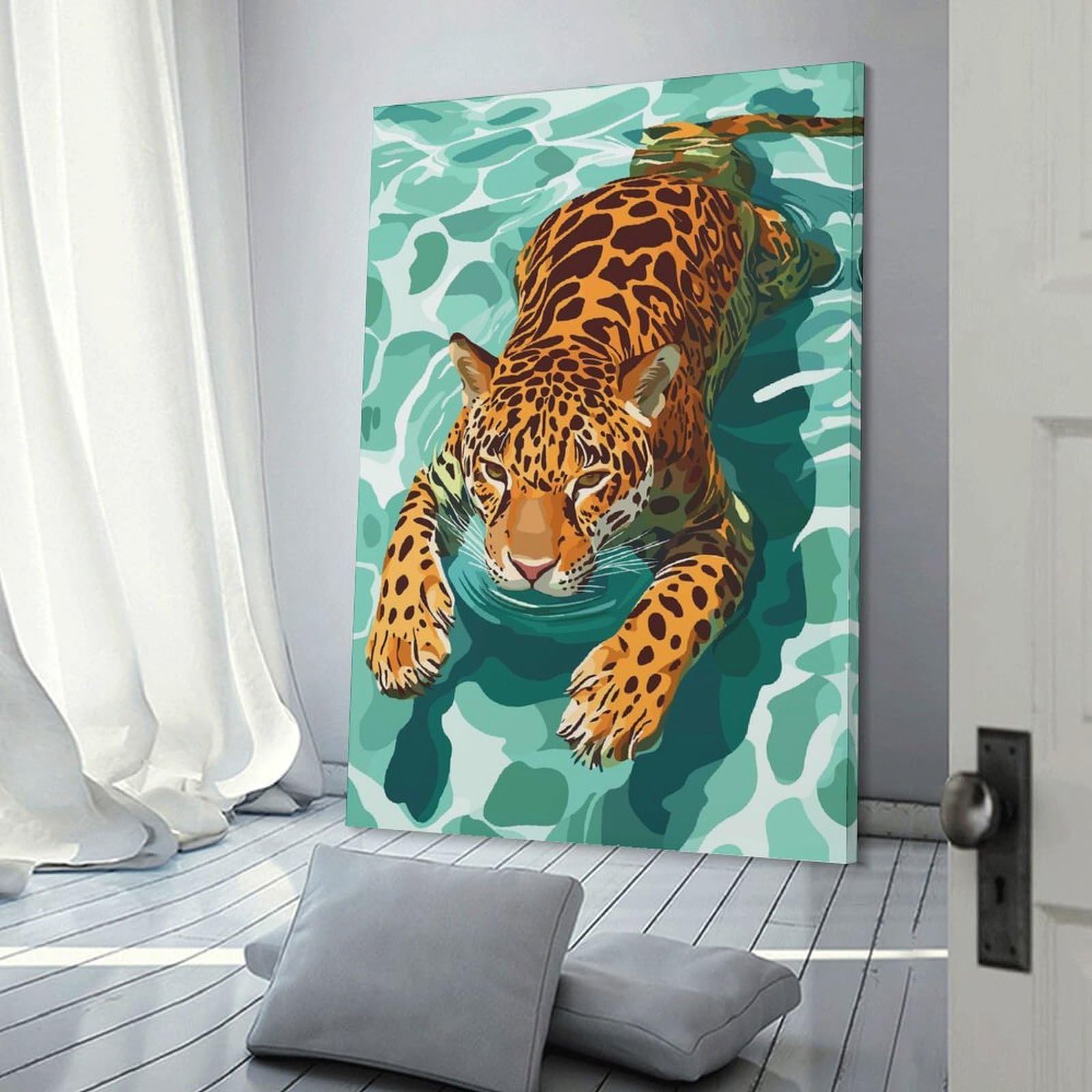 Junmoney Jaguar Swimming in Water Illustration Canvas Wall Art, 08x12inch(20x30cm), for Bedroom Decor, Cosy Corners Or Studios, Stylish Decor for A Restful Room Update