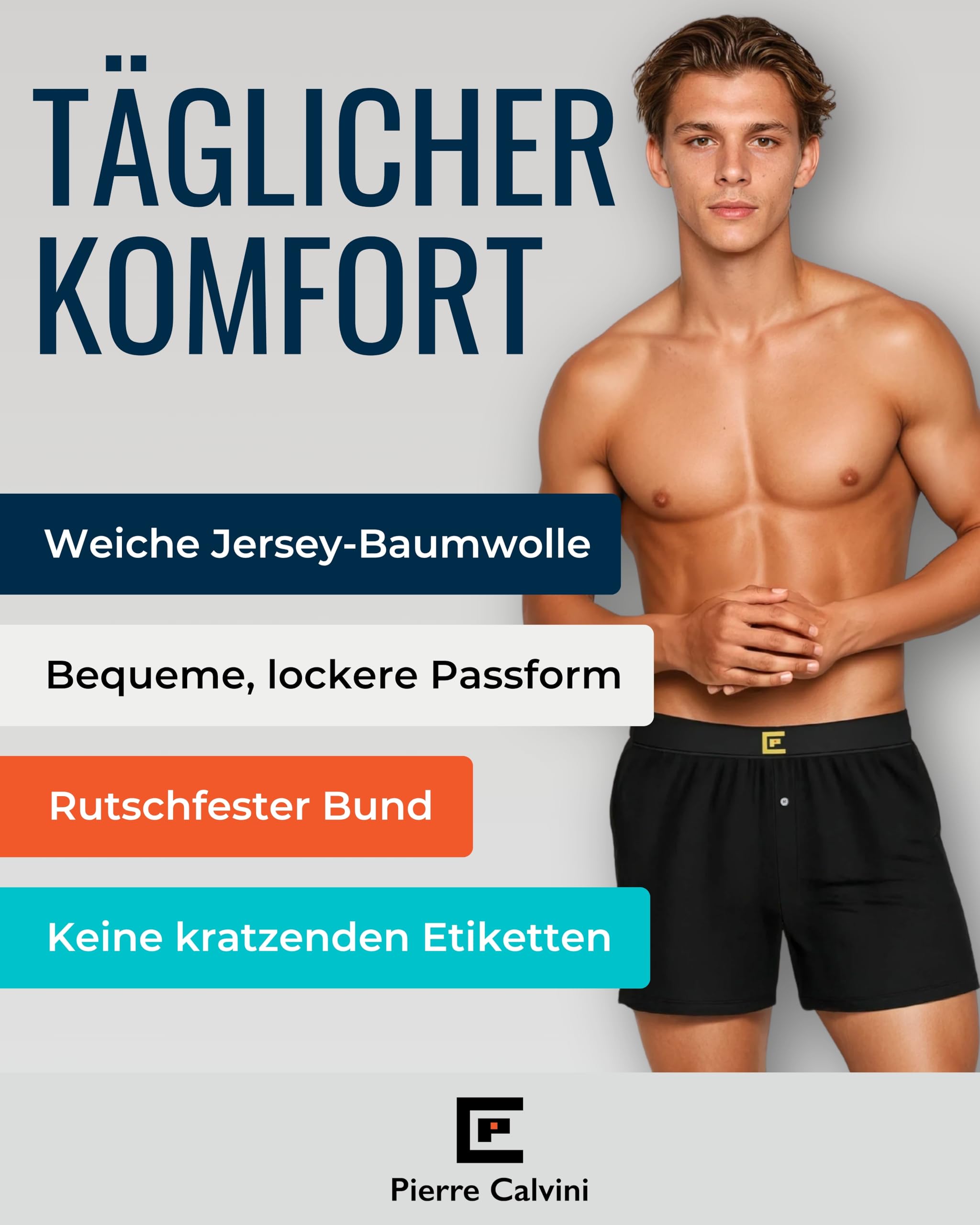 Pierre Calvini Herren Boxershorts weit geschnitten (3er/6er Pack) – 95% Baumwolle 5% Elastan, lockere Passform, atmungsaktiv & etikettenfrei, weiche Schlaf-Boxershorts