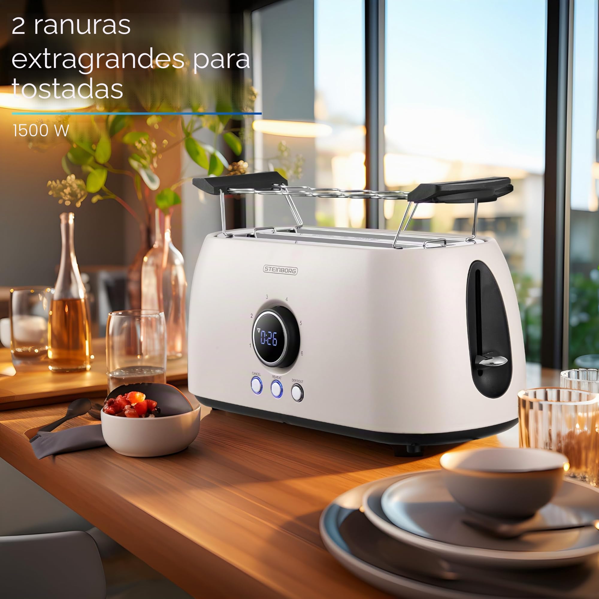 Steinborg - Tostadora para 4 rebanadas con rejilla de repostería, apagado automático, doble ranura para pantalla LED con visualización de tiempo restante - Beige