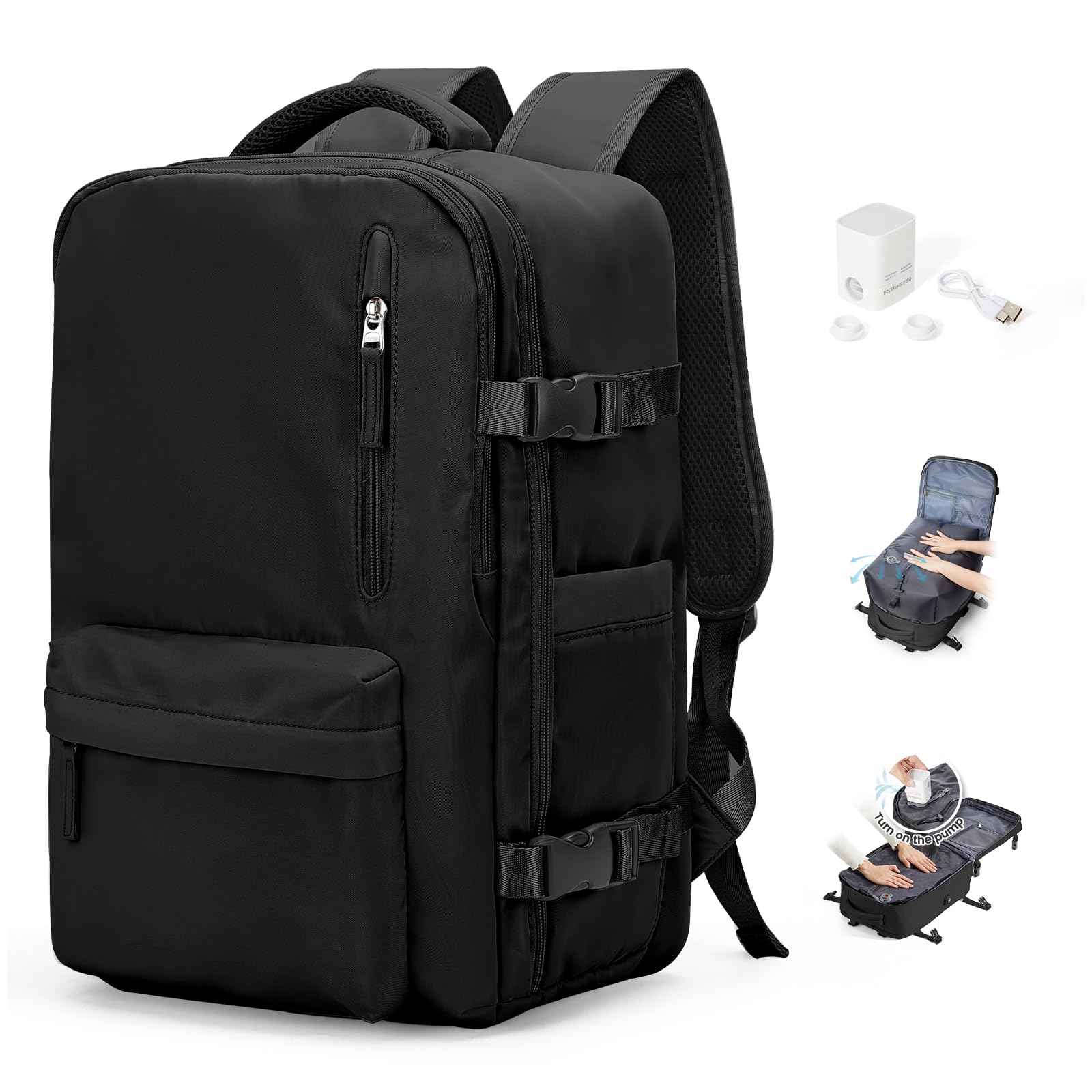 SEAFEW Zaino Sottovuoto Viaggio con Pompa Zaino Bagaglio a Mano Easyjet | Borsa da Cabina per Easyjet Zaino da Viaggio con sottovuoto Lavoro e Scuola Trekking Casual per laptop 15.6",G01-Nero