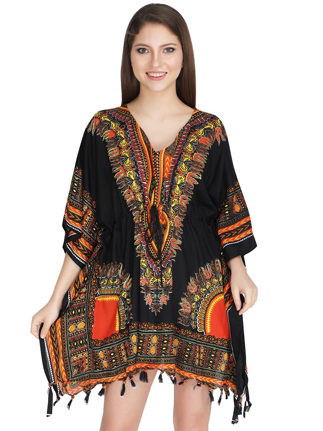 ukal Women's and Girl's Short Dashiki Print Kaftan Dress Beach Wear Kimono Nighty (Small, Blue)-picture-3