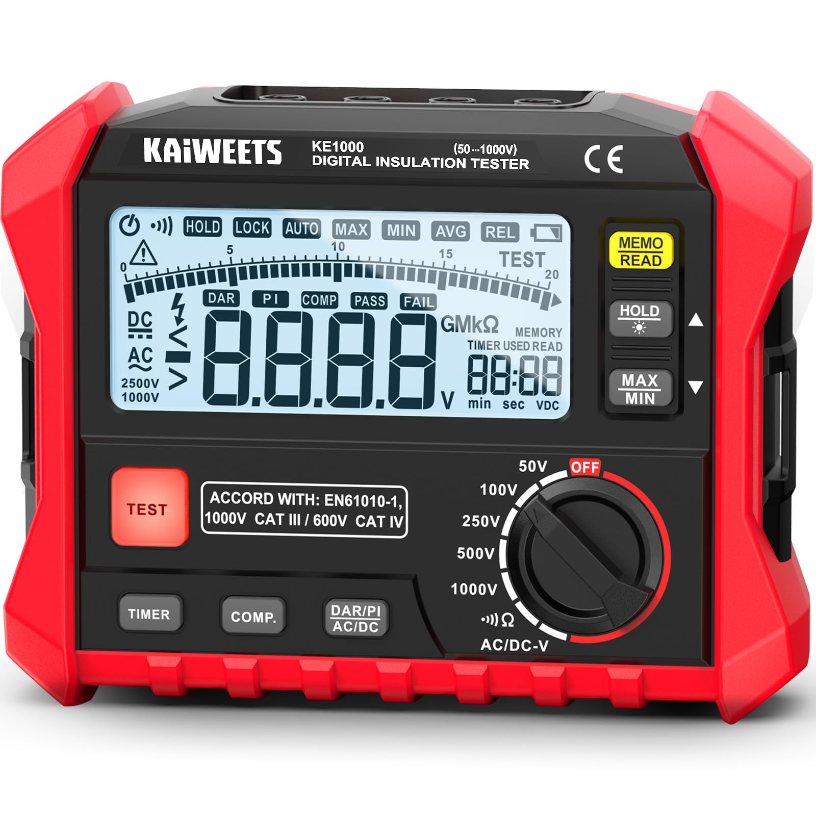 KAIWEETS Miernik izolacji rezystancji izolacji do 100 GΩ, 50 V/100 V/250 V/500 V/1000 V, DAR/PI, test napięcia AC/DC do silników słonecznych, HVAC