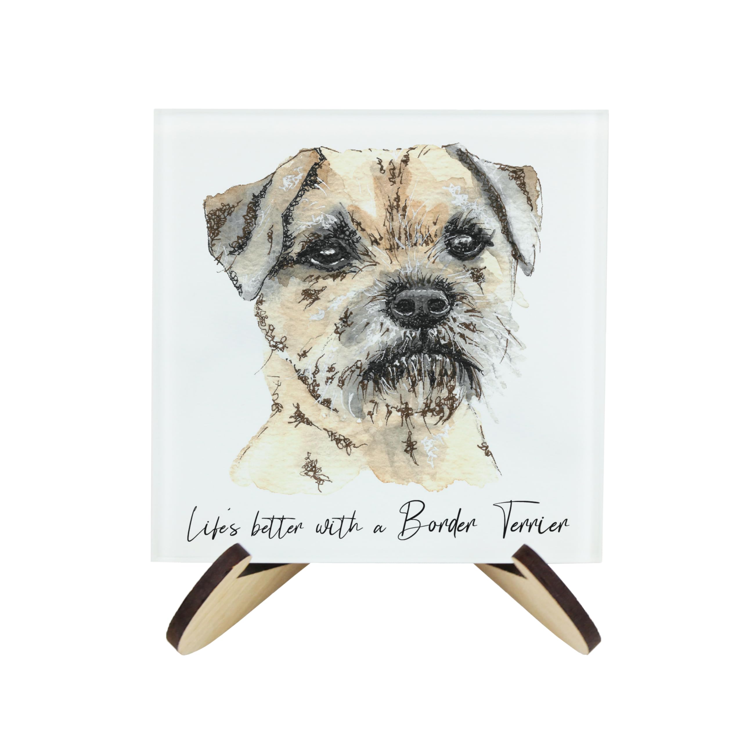 Border Terrier Coaster Set - Life's Better With a Dog Gift - Square Glass Set of Four (4) Coasters & Wood-Effect Stand