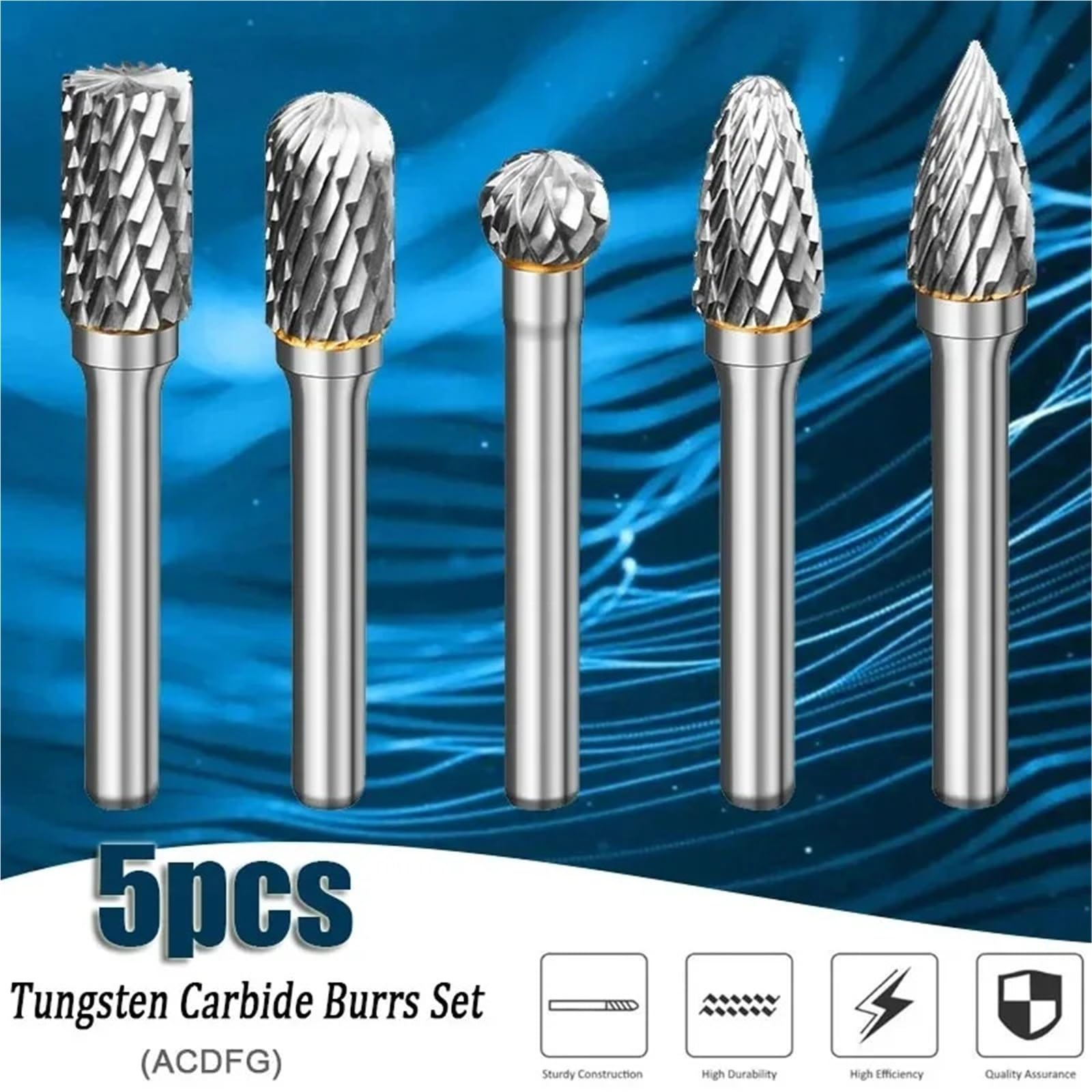 5pc ACDFG 6 * 8mm Carbide Rotary Burrs Set 6mm Shank Carving Bit Double Cutter Rotary File Super Hard For Metal Wood Stone Cut