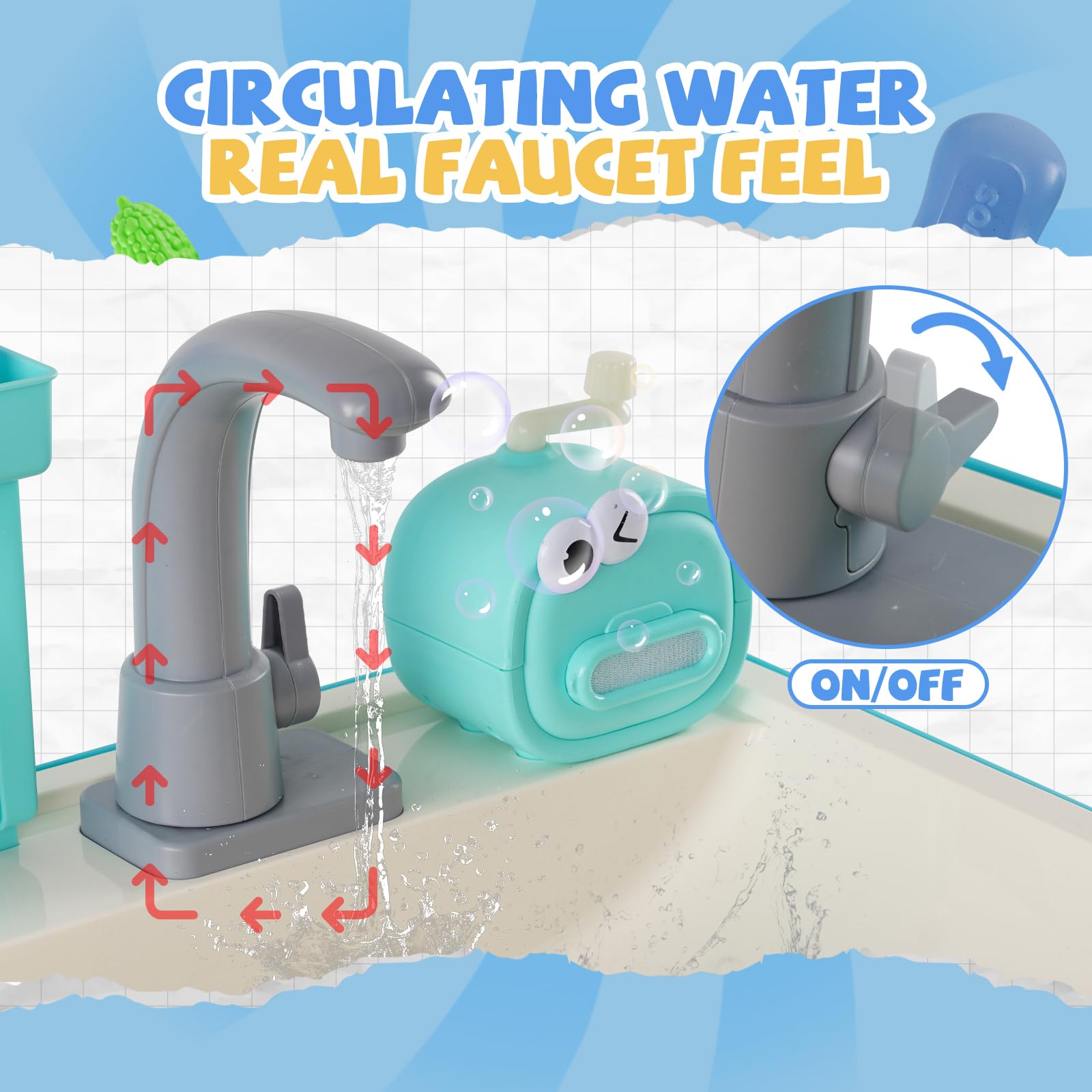 Lavello per bambini con circuito acqua, cucina esterna per bambini, macchina per bolle, verdure in plastica rimovibili, 25 pezzi per ragazzi e ragazze (blu)