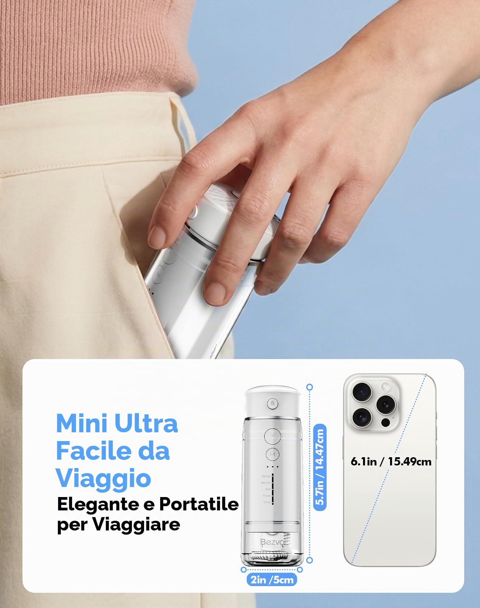 Bezvoi Idropulsore Dentale Portatile Senza Fili, 180ml Irrigatore Orale con 5 Modalità, IPX7 Impermeabile, Ricaricabile, Facile da Usare, Pulizia Profonda per Denti e Gengive, Blanc