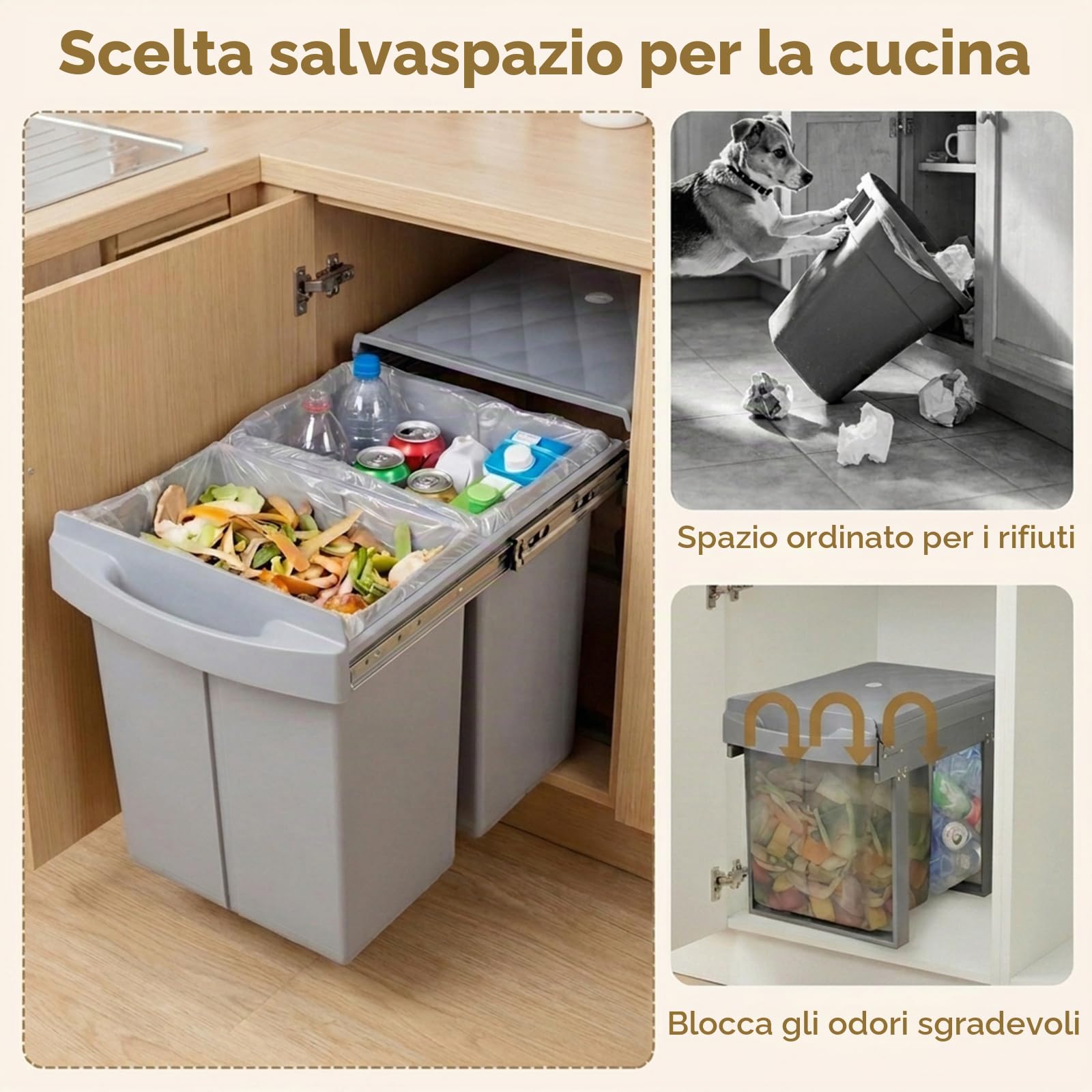 LIFEZEAL Pattumiera Estraibile Sottolavello 2 x 20L, Cestino Raccolta con 2 Secchi Rimovibili, Guide Telescopiche, Manico e Coperchio in ABS, Bidone per Rifiuti 50,5 x 33,5 x 41 cm, Grigio