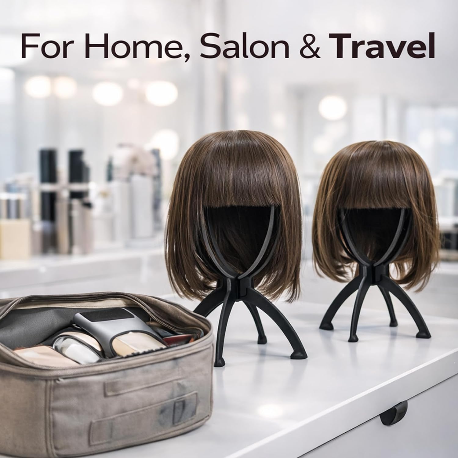 3 Pack Wig Stand, Portable Foldable Wig Head Stand Holder for Multiple Wigs, Hollow Ventilated Wig Holder for Fast Drying & Storage, Black Wig Stand for Travel Salon Home Use