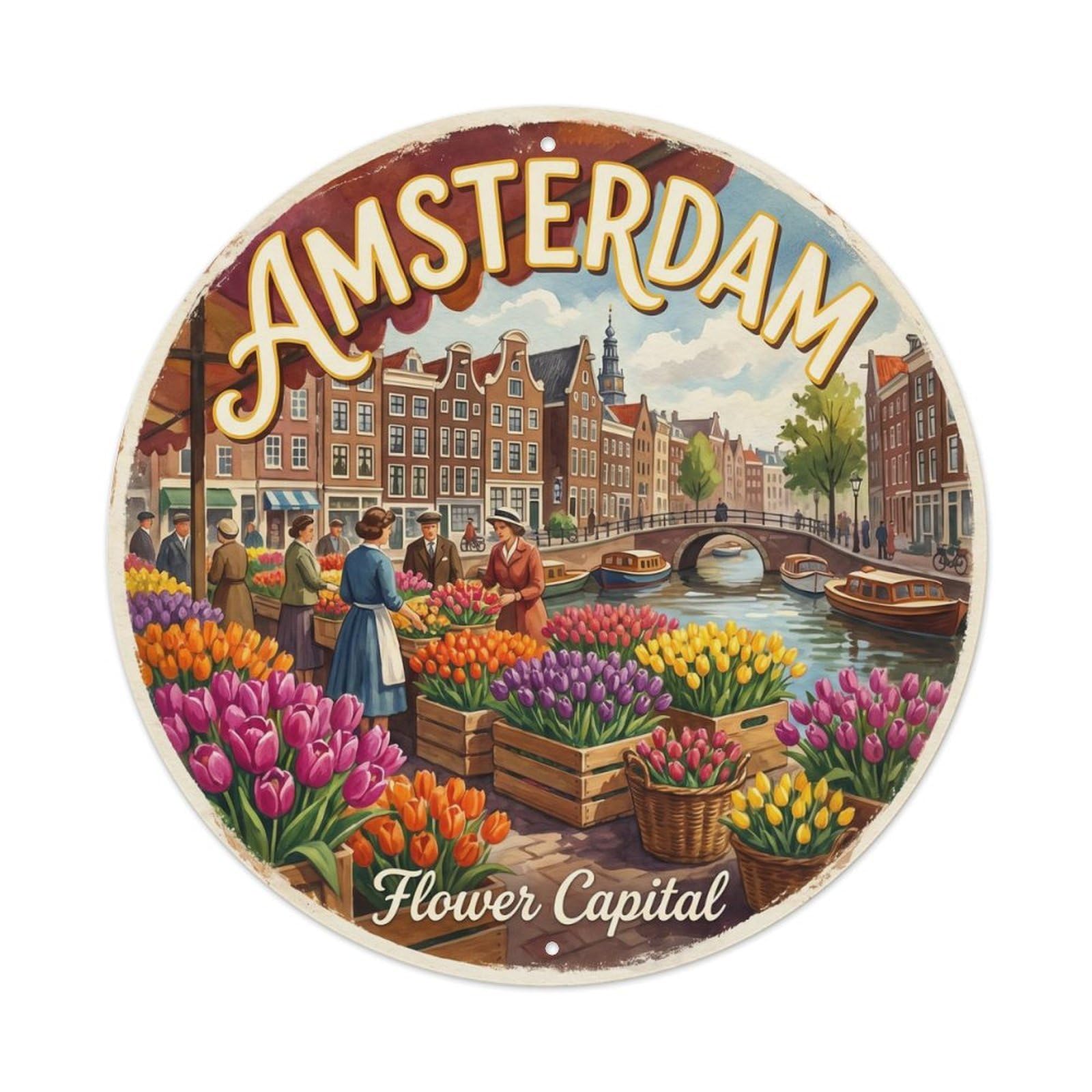 Yrnq Vintage Style Vintage Travel Amsterdam Tulip Netherlands Vintage Metal Tin Sign Plaque Wall Decor For Cafe, Club, Garden Round Metal Poster 8X8inch