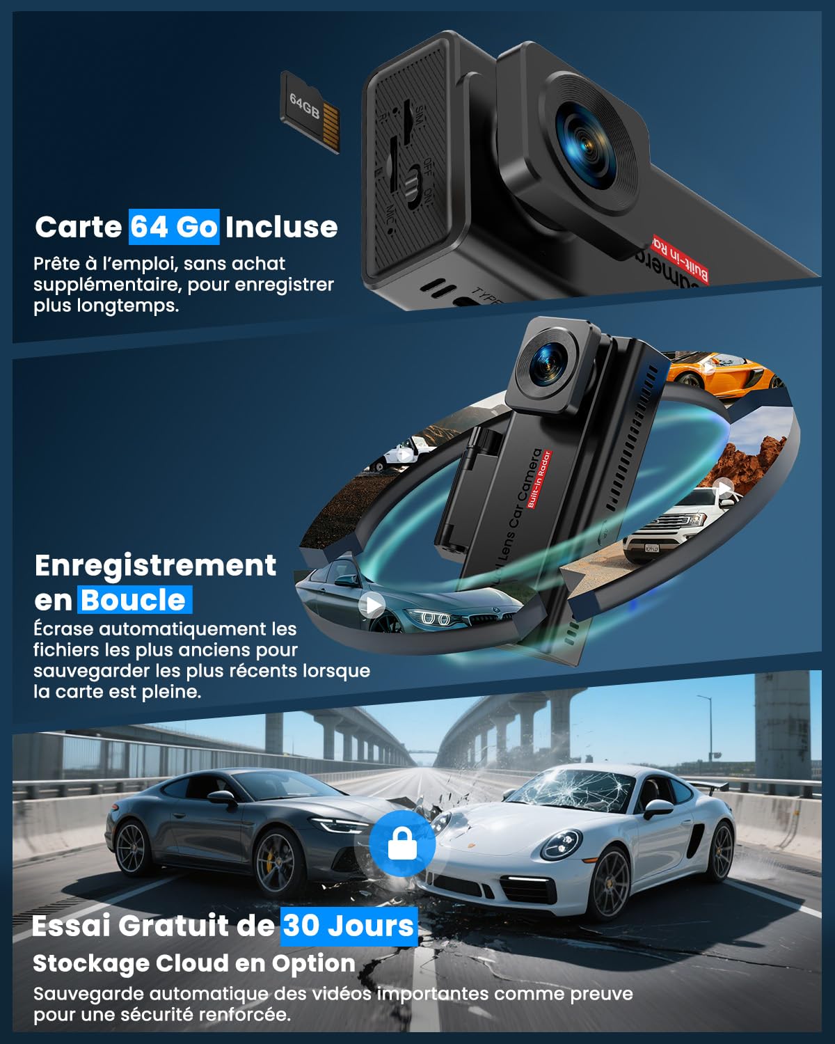 UCOCARE Dashcam Voiture 4G LTE Avant Arrière, Accès à Distance par App
