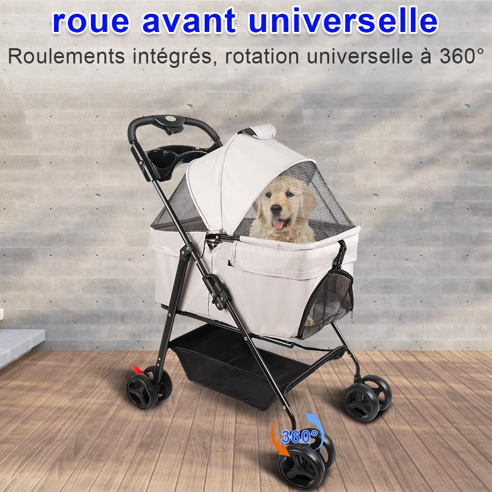 Passeggino per cani 3 in 1,Passeggino pieghevole animali,4 ruote,Carrello per il trasporto con maniglia rimovibile,Cuscino,Tenda regolabile,Tessuto Oxford,Navicella rimovibile
