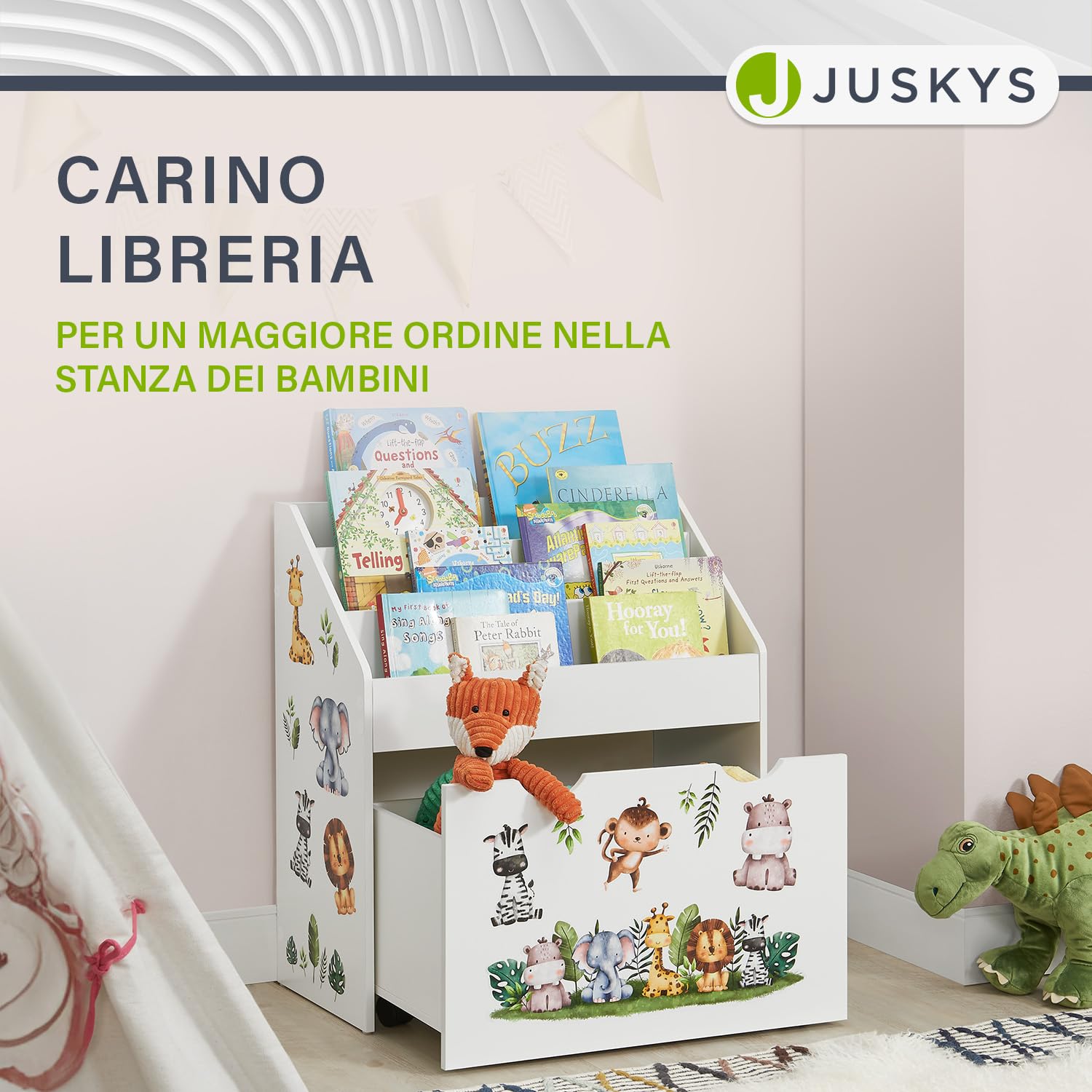 Juskys Libreria bambini con 3 scomparti e portagiochi - Scaffale legno bianco - 63x30x70 cm LPA - Organizzazione di libri e giocattoli in cameretta