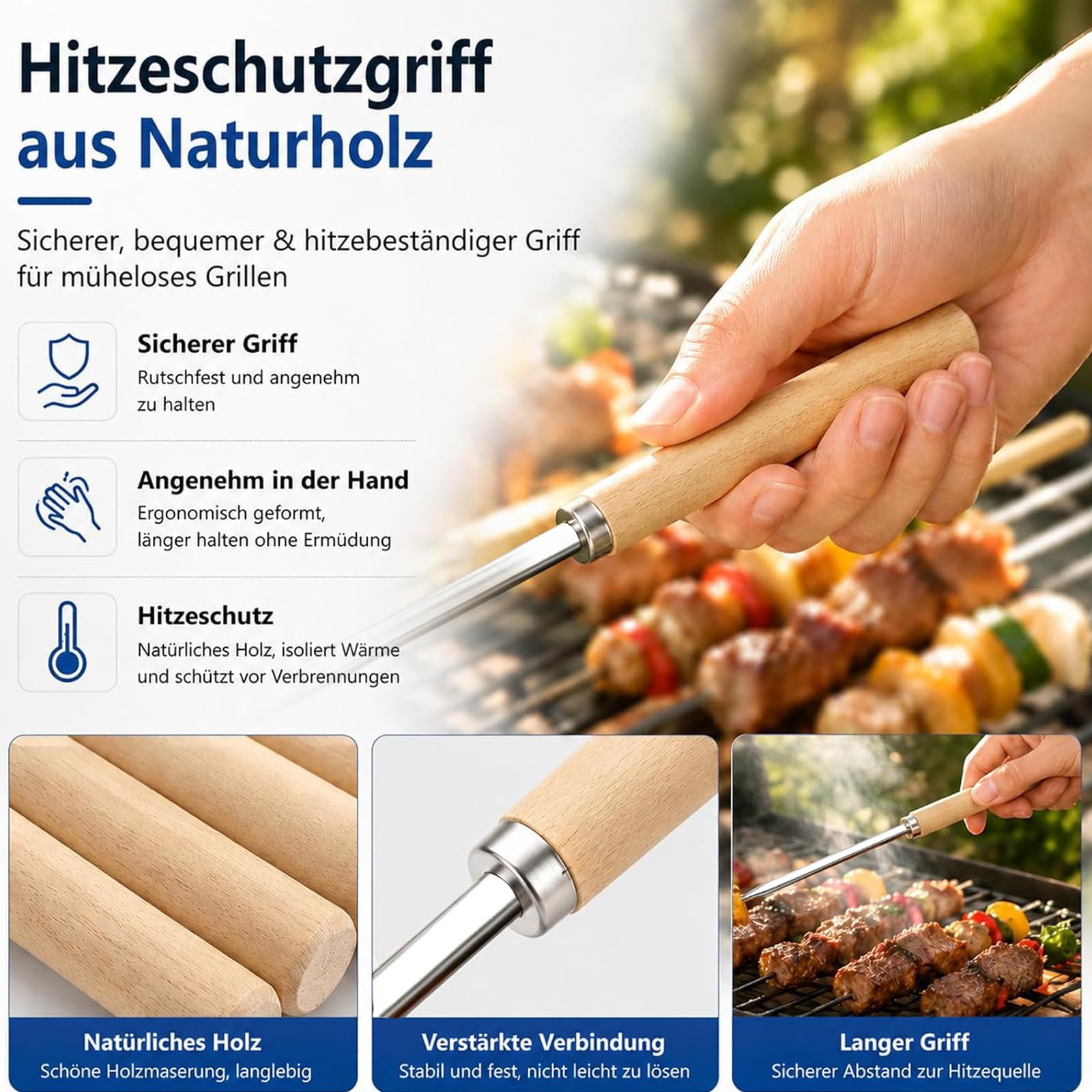 25 spiedini per barbecue in acciaio inox 304 con manico in legno, 35 cm di lunghezza, riutilizzabili, per carne, verdure, barbecue, feste, campeggio (argento 1)