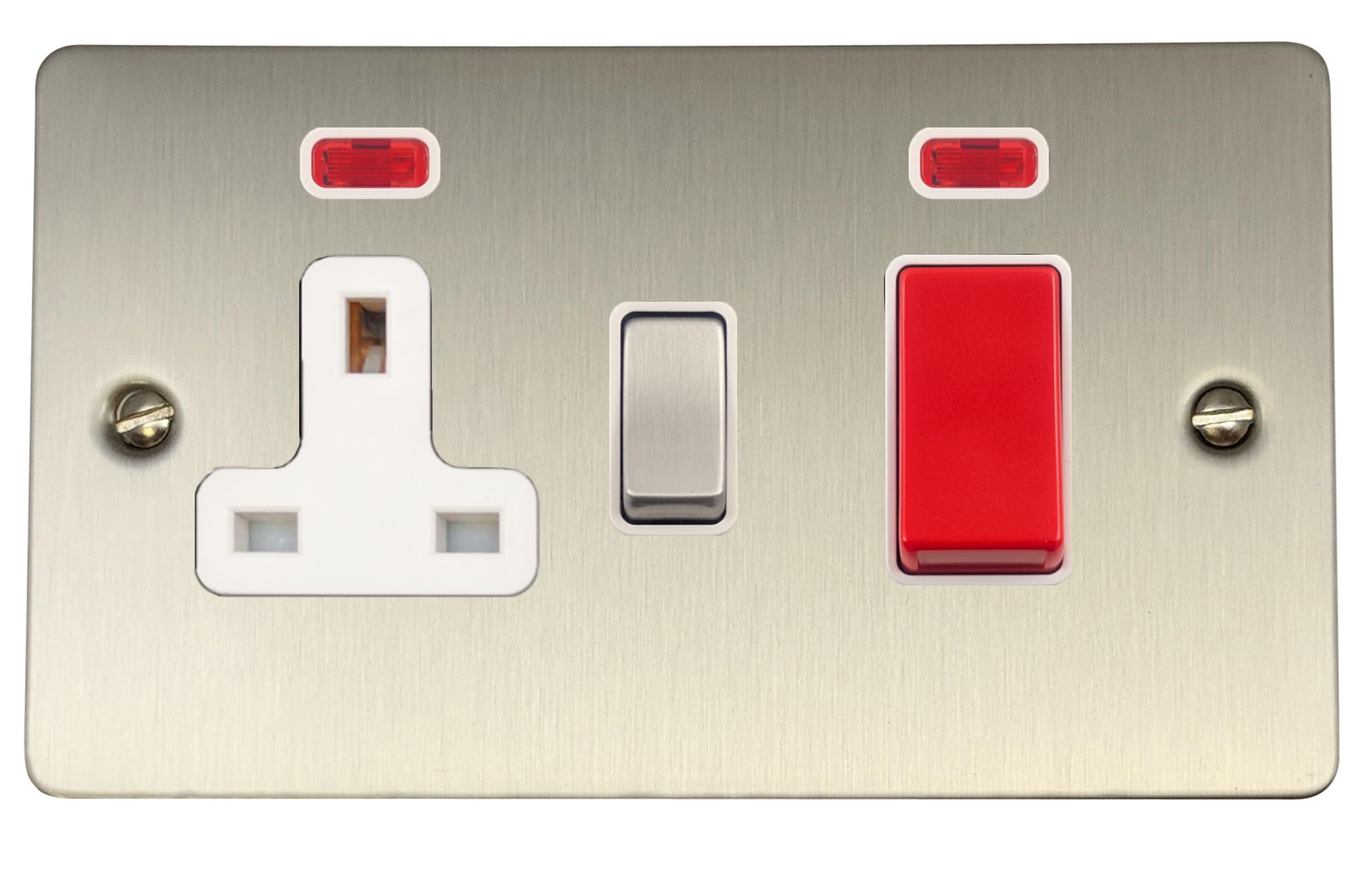 G&H Brassware Red/White Flat Brushed Steel Cooker Switch With Socket ( Insert/Satin Chrome Switch)