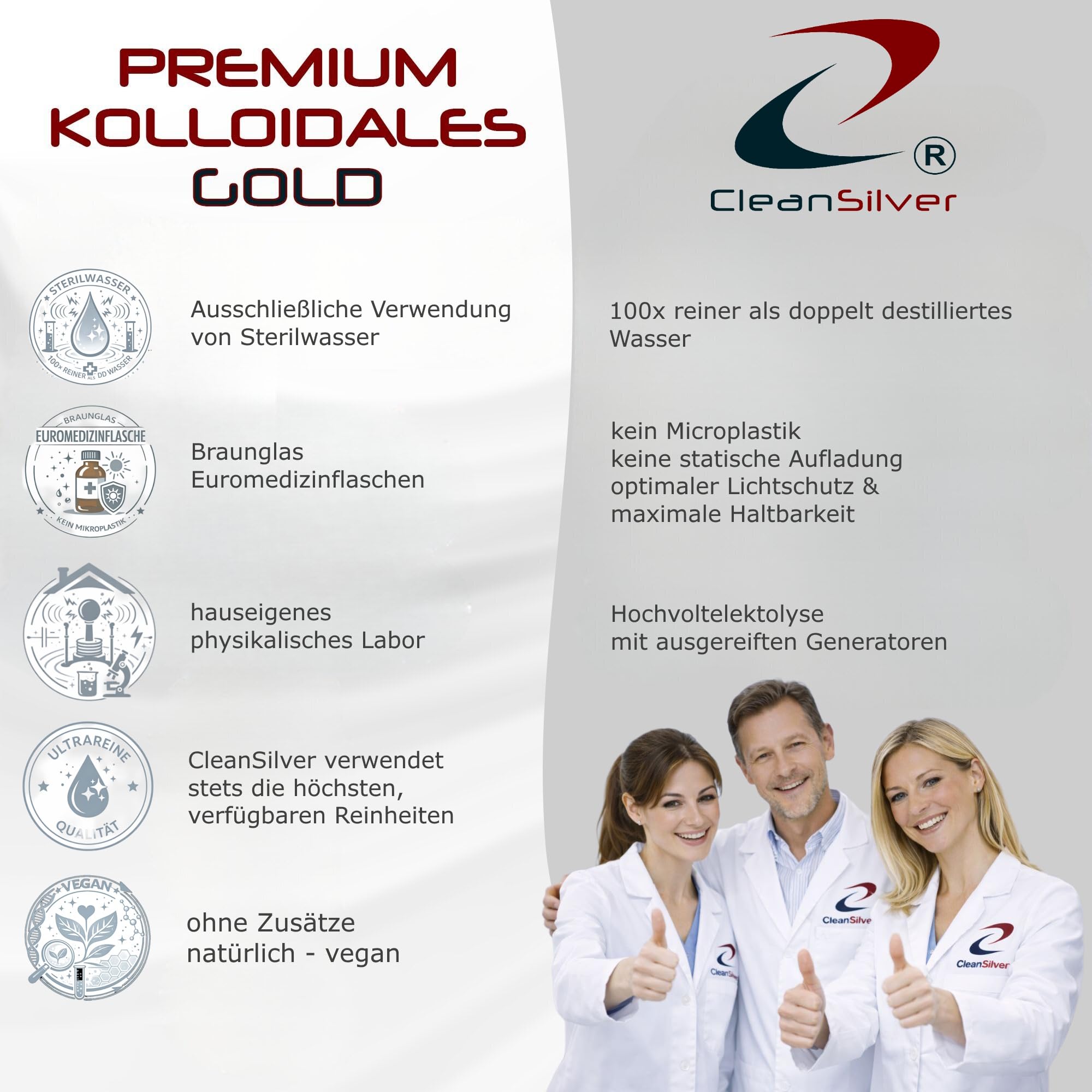 CleanSilver Kolloidales Gold 50 ppm, 100ml mit Pipette - Ultrarein: Sterilwasser und Feingold 99,99% - Made in Germany – stets frisch, keine Lagerware