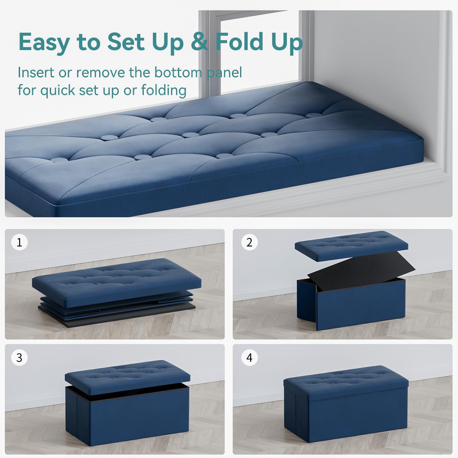 BRIAN & DANY Pouf Contenitore Pieghevole, Cassapanca Contenitore da Interno in Velluto, Puff Poggiapiedi Rettangolare Panca per Camera da Letto, 80x 40x 40 cm, Blu