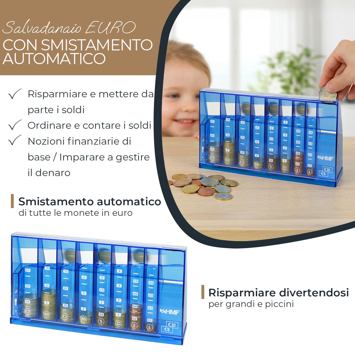 HMF Contamonete con smistamento automatico per conservare gli spiccioli, selezionatore di monete trasparente con scala valori come salvadanaio per bambini | 24 x 12 x 5 cm | Blu