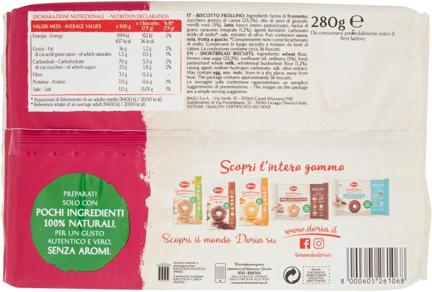 Doria Biscotti con Frutti Rossi e Grano Saraceno, biscuits aux fruits rouges et au sarrasin 280 g + polpa italien Gourmet 400 g