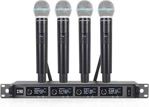 XTUGA Sistema de micrófono inalámbrico A140 4, micrófonos inalámbricos de mano UHF con metal, rango amplio de 300 pies para karaoke, iglesia, bodas,
