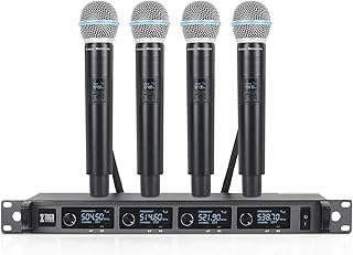 XTUGA A140 Wireless Microphone System, 4-Channel UHF Cordless Mic Set with Four Handheld Mics, All Metal Build, Fixed Frequency, Long Range 300ft, Ideal for Church,Karaoke (4 Handheld)