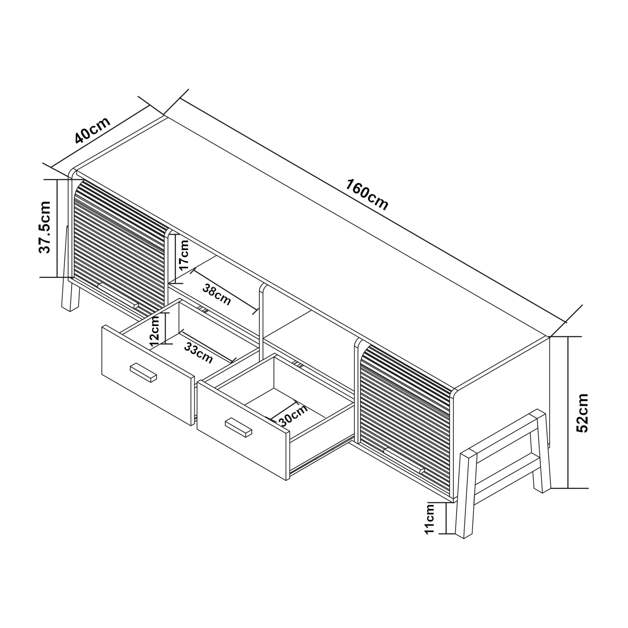 [en.casa] TV Schrank Kvaefjord Lowboard mit 2 Schubladen und 2 Jalousietüren Fernsehschrank 160 x 40 x 52 cm TV Board Fernsehtisch Weiß/Grau