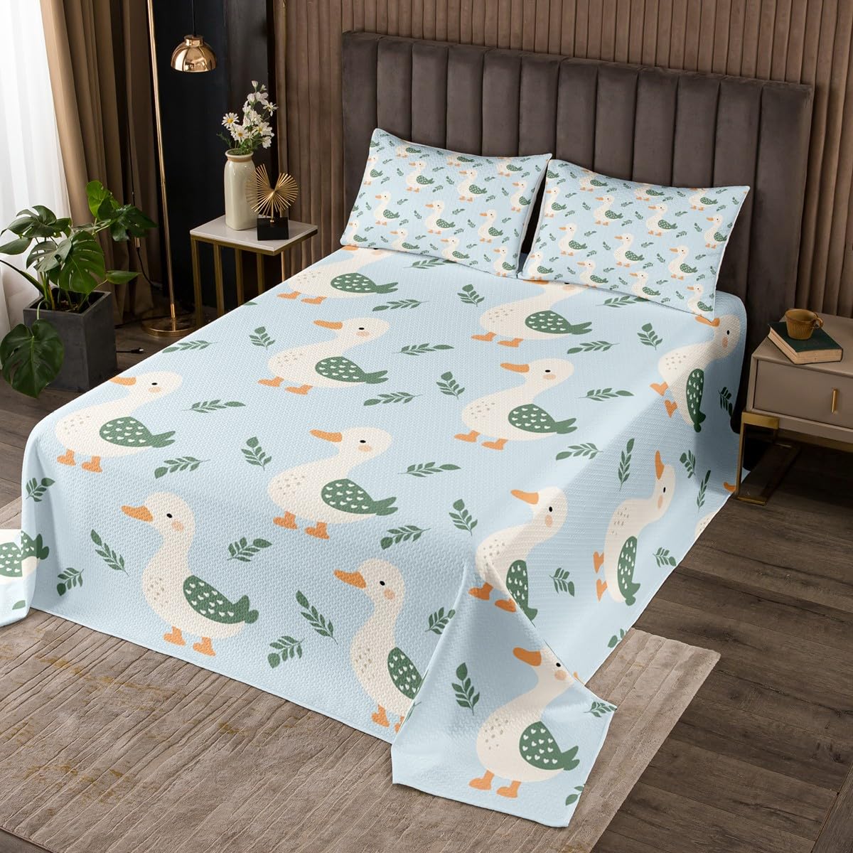 Manfei Wild Duck Quilt Bedding Set Twin,Kids Cartoon Animals Coverlet Bedspread,Farm Pet Rustic Leaves Lightweight Bedding Bed Cover for All Season,Watercolor Kawaii Bedspread Set (1 Quilt+ 1 Sham)