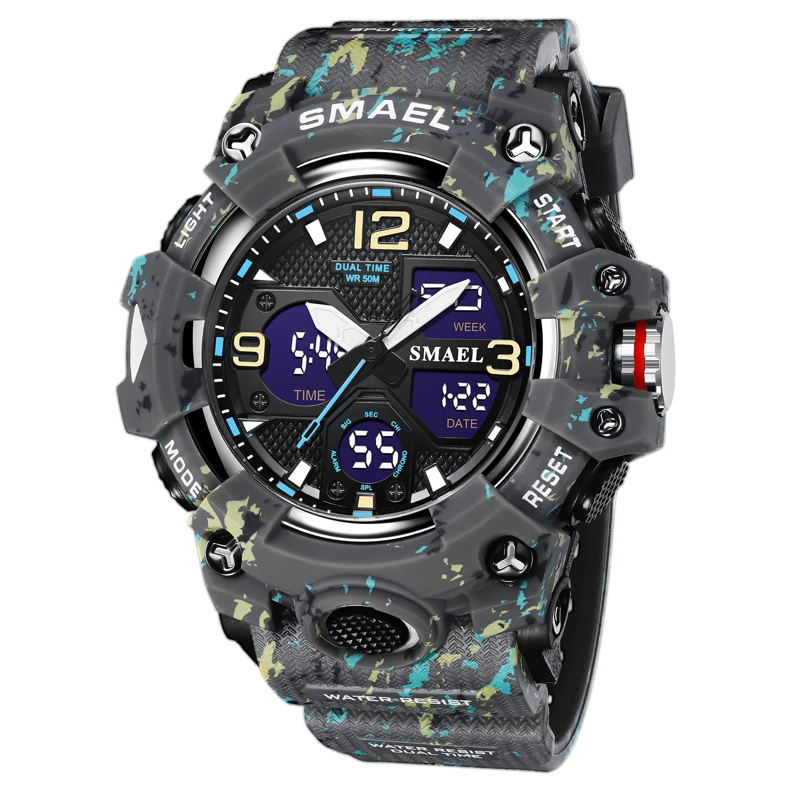 SMAEL 8008 Reloj de cuarzo deportivo resistente al agua reloj de camuflaje de color dual digital (camuflaje gris), Camuflaje Gris