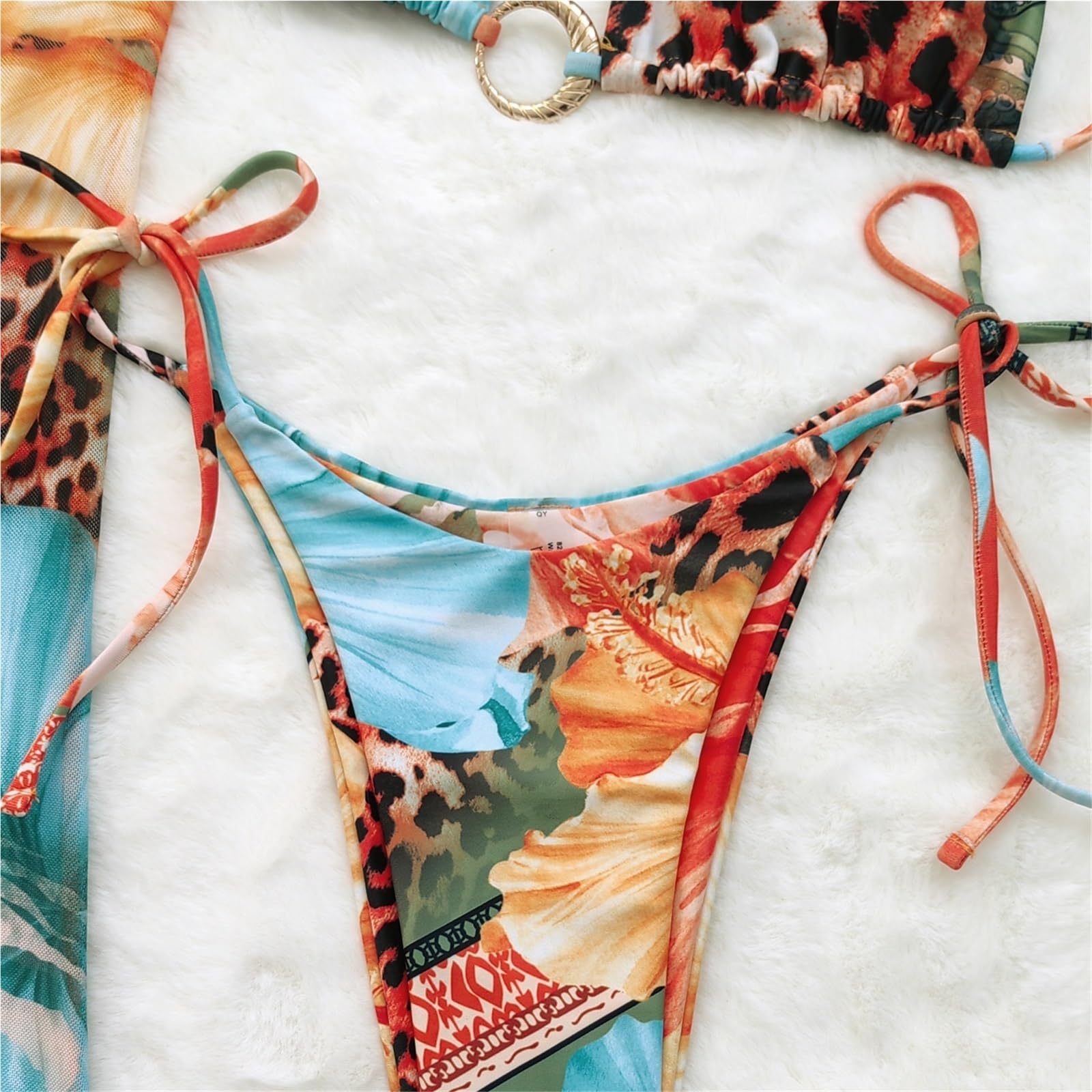 Seksowny zestaw mini bikini w panterkę (3 sztuki): długa spódnica, kostium kąpielowy bez pleców kwiatowy wzór, strój plażowy