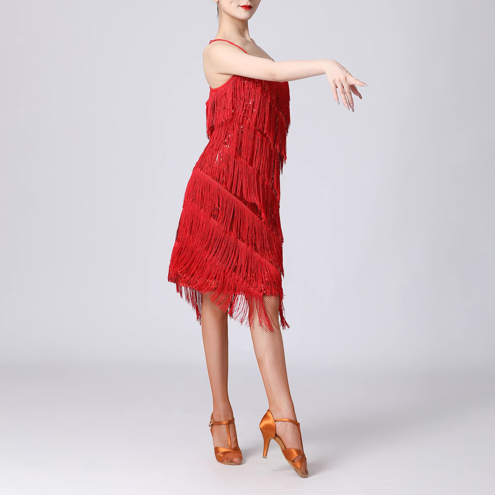 ODASDO Latein-Tanzkleid für Damen, Erwachsene, glänzende Pailletten, Quasten, Spaghettiträger, Salsa, Tango, Ballsaal, Kostüm, Tanzkleidung