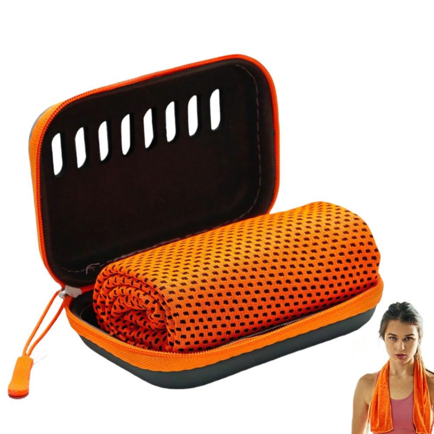 Cooling Towel with EVA Storage Case, 100x30 cm Quick Dry Microfibre Neck Scarf, Breathable Sweat-Absorbing Sports Towel for Gym, Running, Yoga, Hiking & Hot Weather,Orange