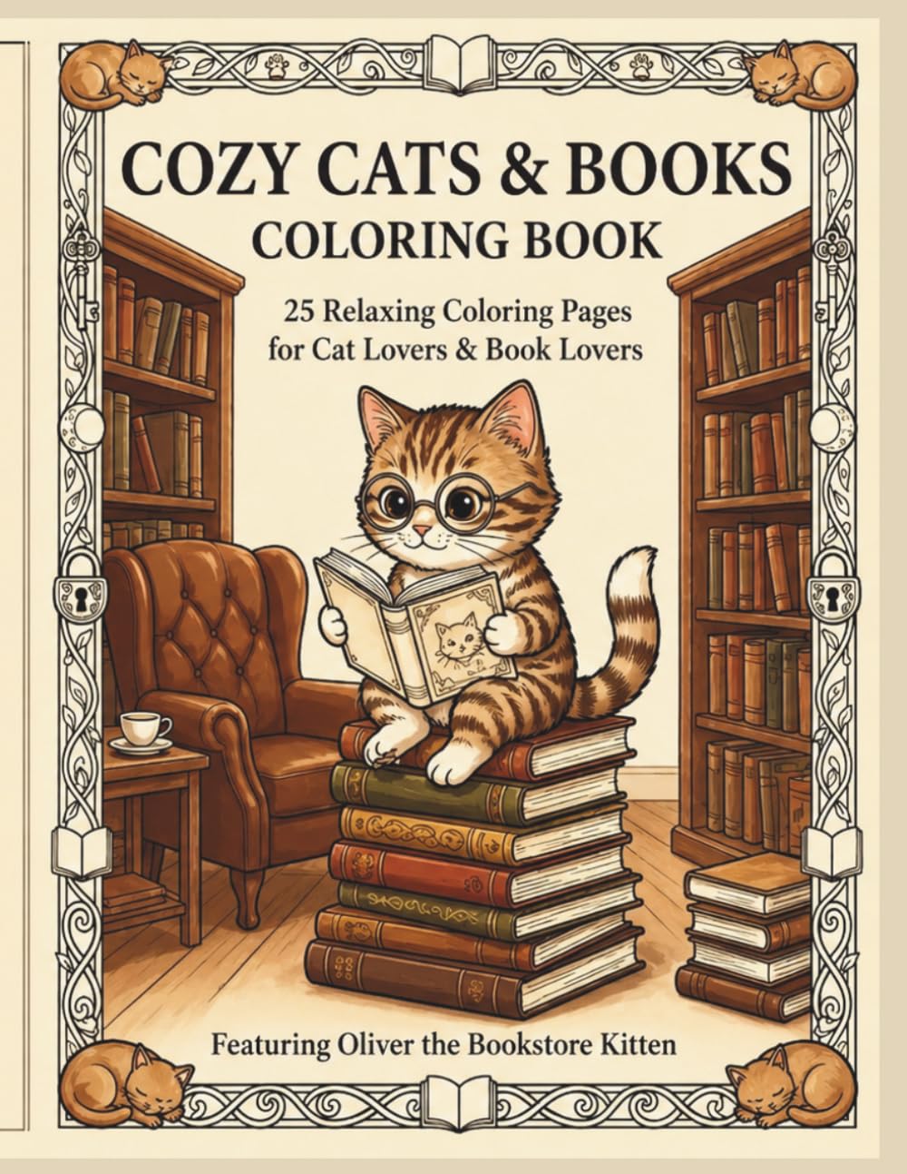 Cozy Cats & Books Coloring Book: 25 Relaxing Reading-Themed Coloring Pages