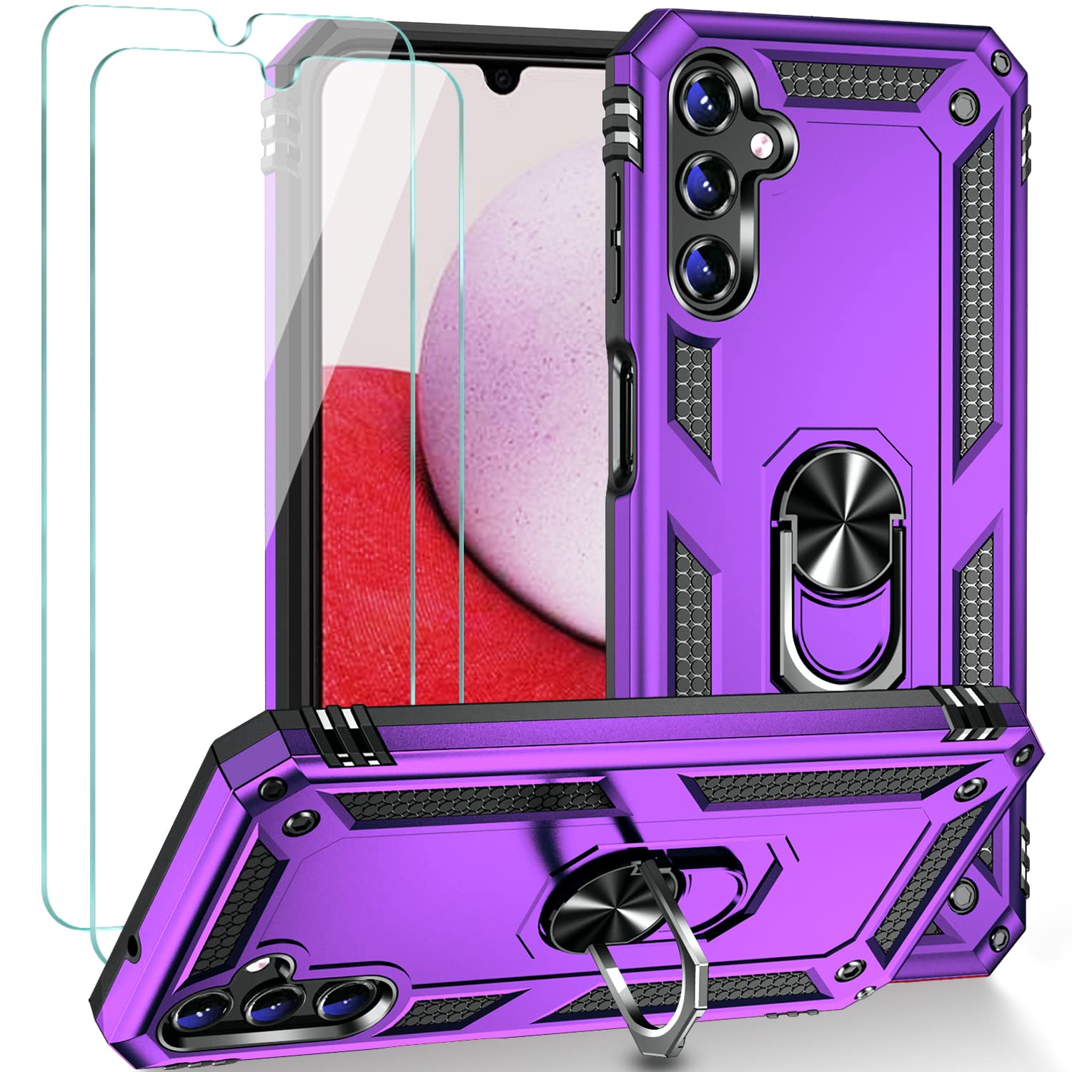 Muntinfe for Galaxy A14 5G Case, Samsung Galaxy A14 5G Case with Screen Protector [2 Pack], [Military Grade 16ft. Drop Tested] Magnetic Ring Holder Kickstand Protective Phone Cover, Purple
