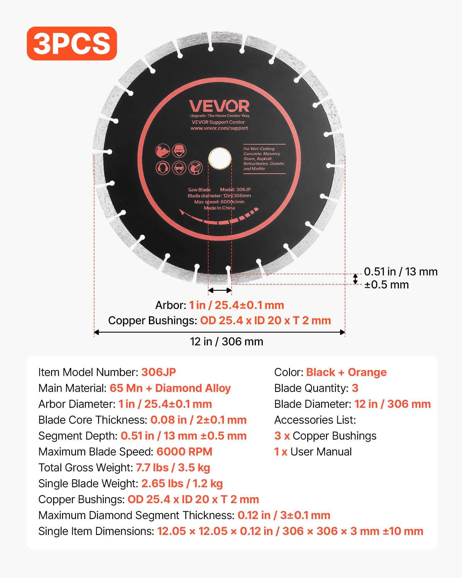 VEVOR Disco de Corte de Diamante 306 mm, Juego de 3 Piezas, Disco para Rozadora de Pared con Segmentos 2 mm, Eje 25,4 mm, Núcleo de acero 65Mn para Ladrillo Hormigón Mampostería Cableado y Tuberías