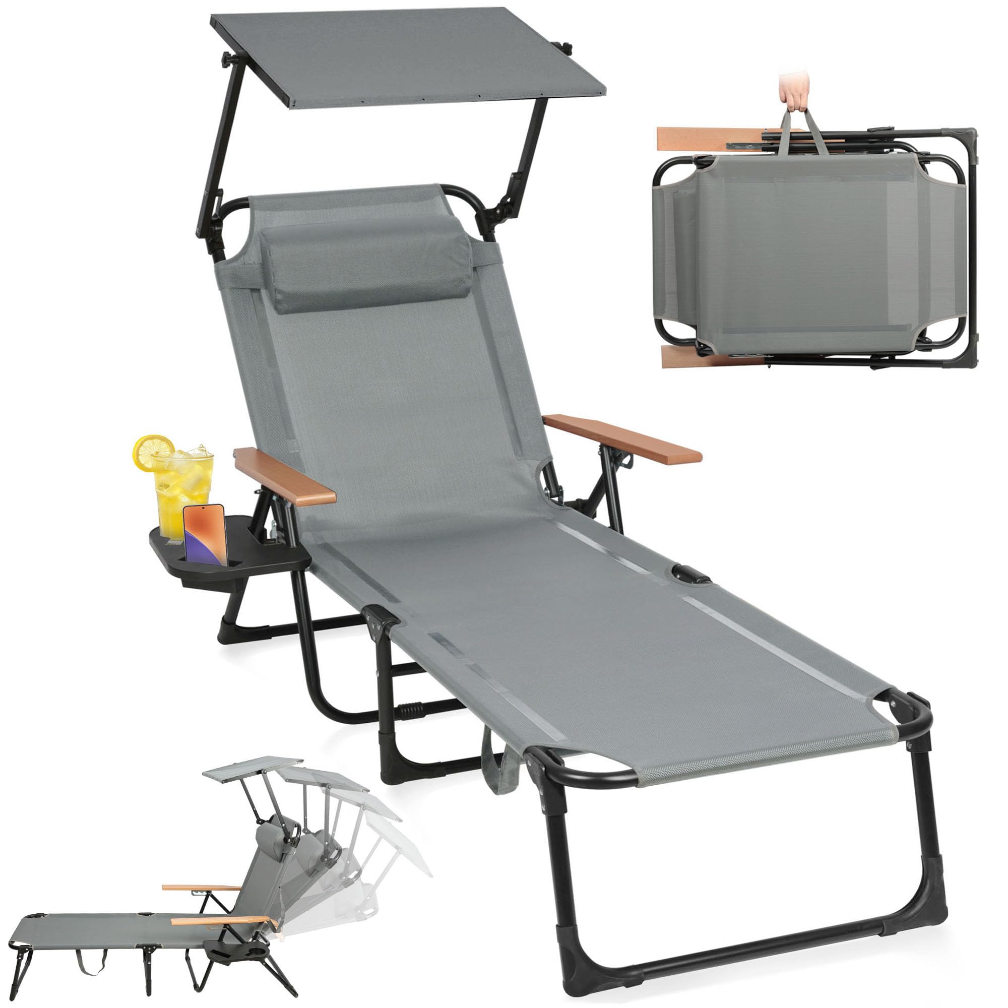 Sonnenliege klappbar mit Dach & 4-Fach Verstellbare Rückenlehne, Gartenliege mit Kopfkissen bis 150 kg, Tragbar Strandliege Liegestuhl, Campingliege für Pool, Strand (Grau mit Dach)
