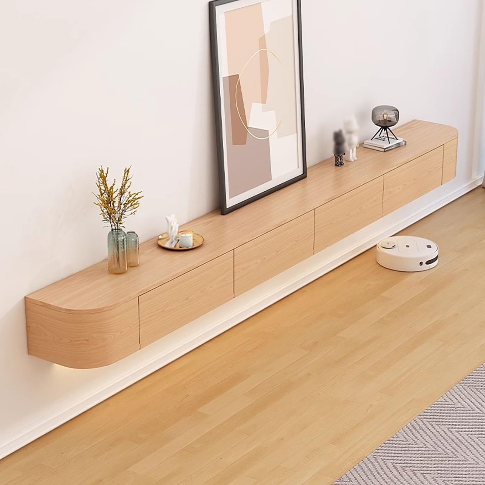 Mobile TV sospeso con Console multimediale e Ripiani portaoggetti a Parete con Ante, Grande Mobile TV in Stile Fattoria Contemporaneo (Legno, 220 cm)