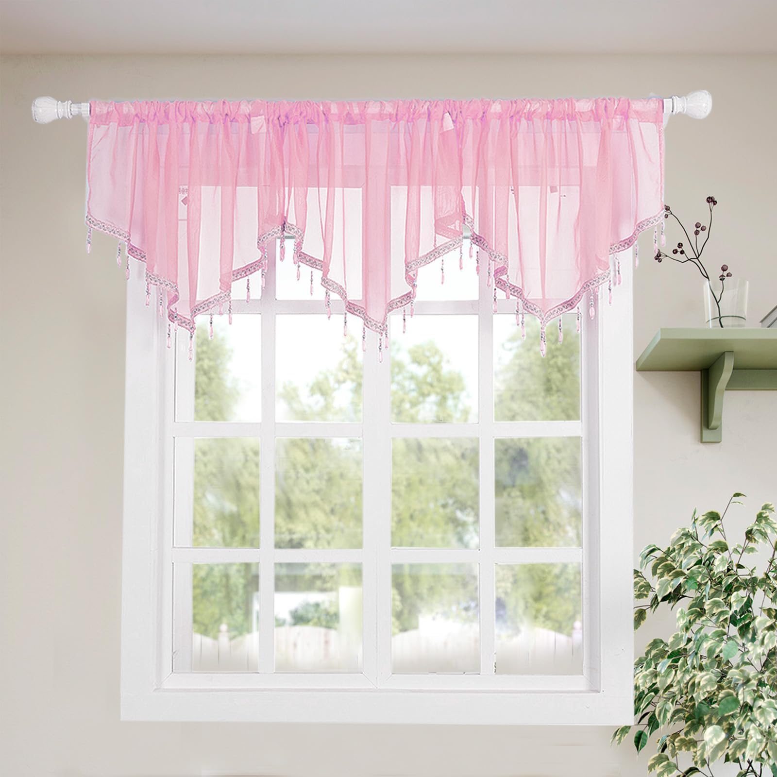 Molaxhome Swag Curtain Scalloped Curtain Valance Drape Sheer Lace Panel 1pc, Pink, W 51.2" x L 23.6" (1 Panels)