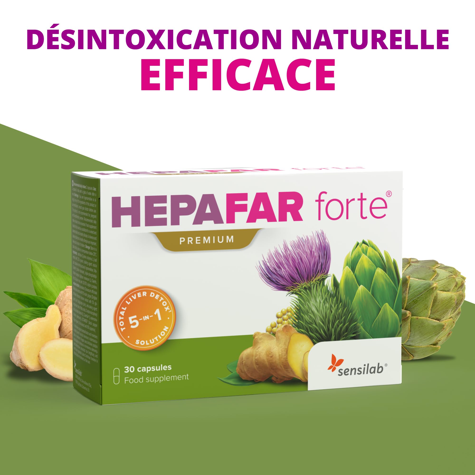 Hepafar Forte Premium Detox, Chardon-Marie, Artichaut, Complexe de Pissenlit, 60 gélules, Vitamine E, Phospholipides, Sensilab