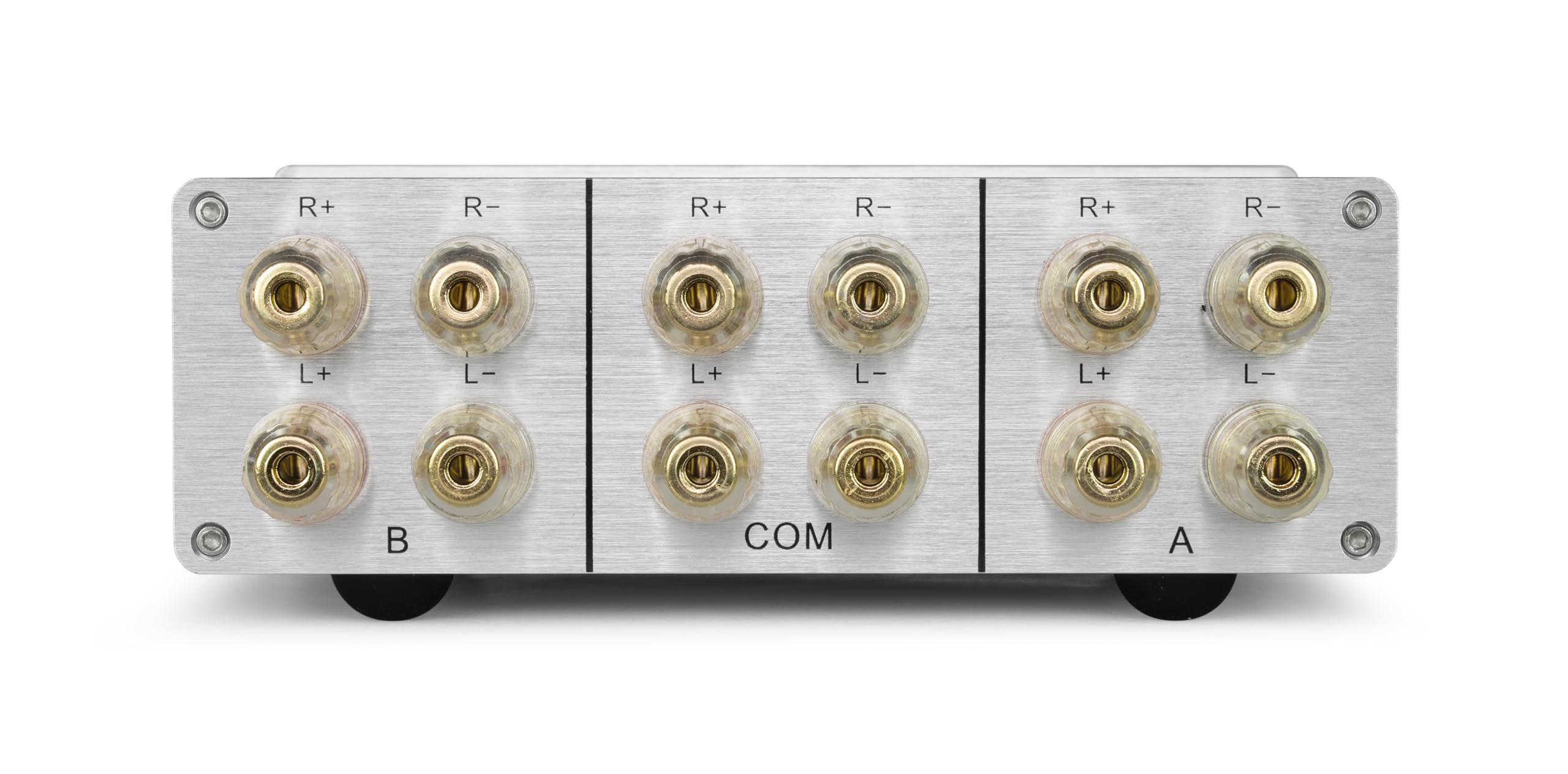 Dynavox AMP-S III commutatore amplificatori altoparlanti 2 coppie casse 1 amplificatore chassis alluminio connettori banana morsetti argento