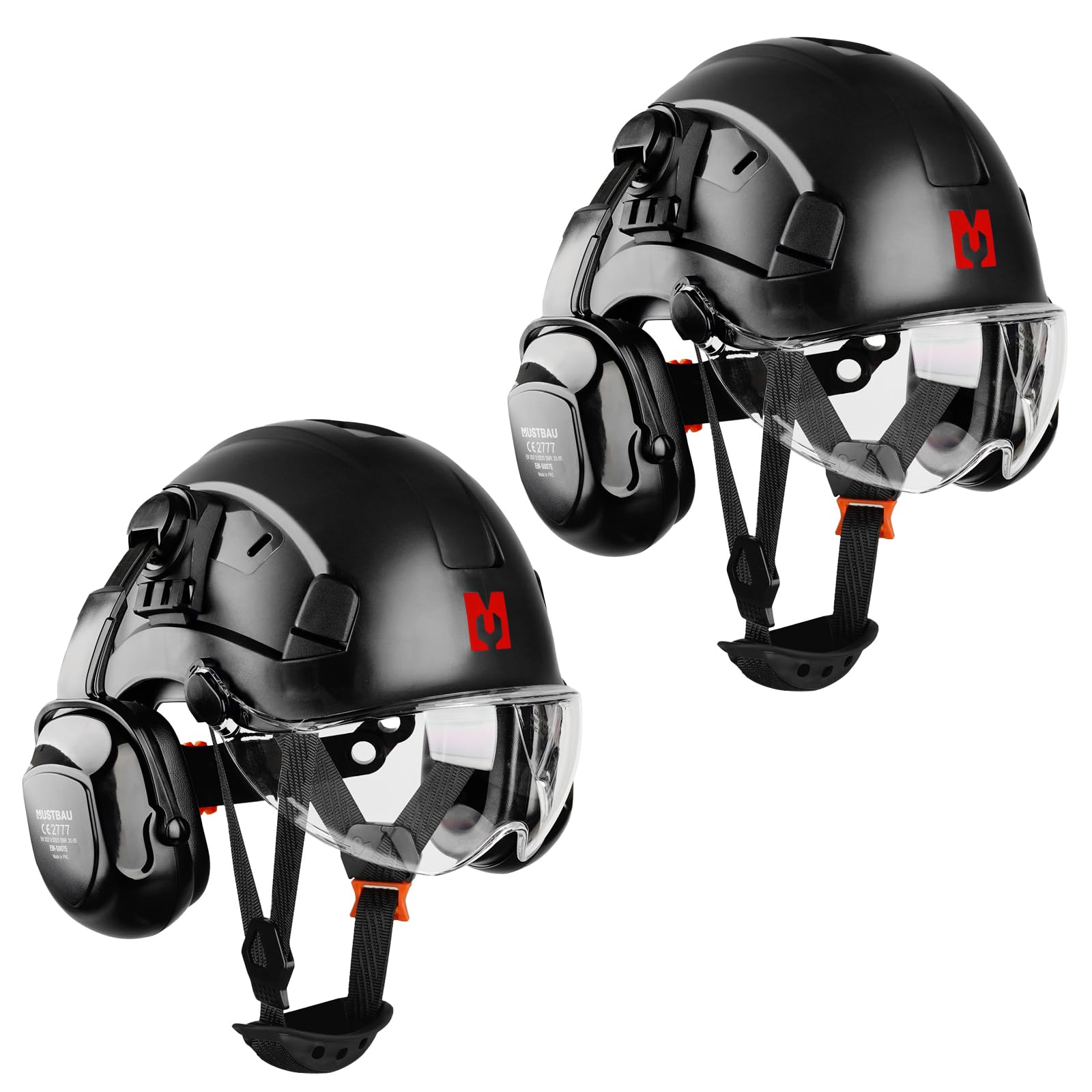 Mustbau Construction Hard Hats Ventilated Safety Helmet with Clear Visor,Hearing Protection,Earmuffs and Chin Strap,53 to 63 cm Adjustable Hard Hat for Forestry, Chainsaw, Industrial (Black-2)