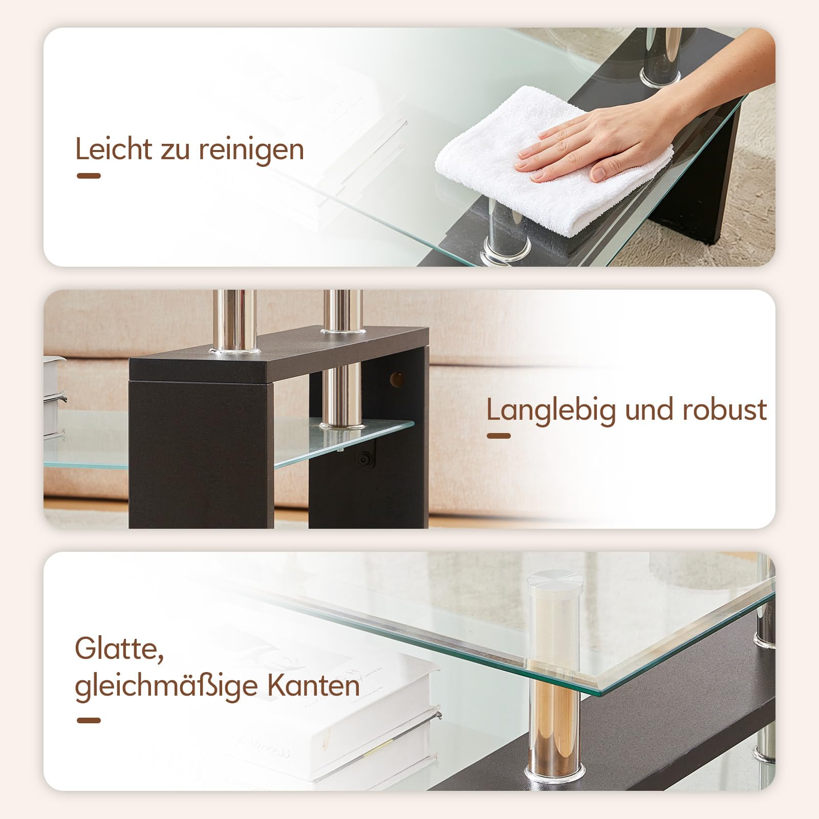 TUKAILAI Couchtisch Glas Modern Rechteckiger Wohnzimmertisch Couchtisch mit unterer Ablage, Beistelltisch Glastisch für Wohnzimmer, Gäste, Empfang, Zimmertisch, Schwarz,100x60x45 cm