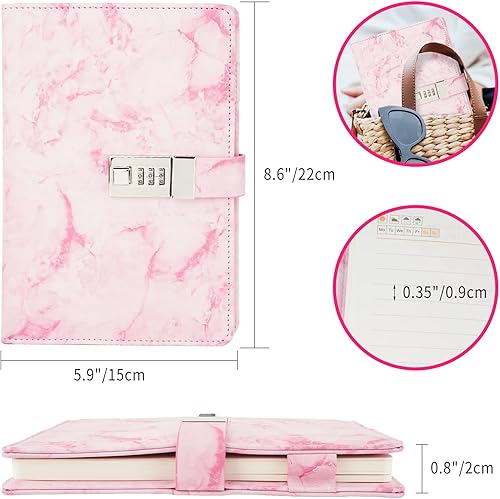 Miniatura 5 de Diario de mármol con cerradura y bolígrafo, diario A5 recargable para niñas y mujeres, 192 páginas, lindo cuaderno con cerradura de combinación y