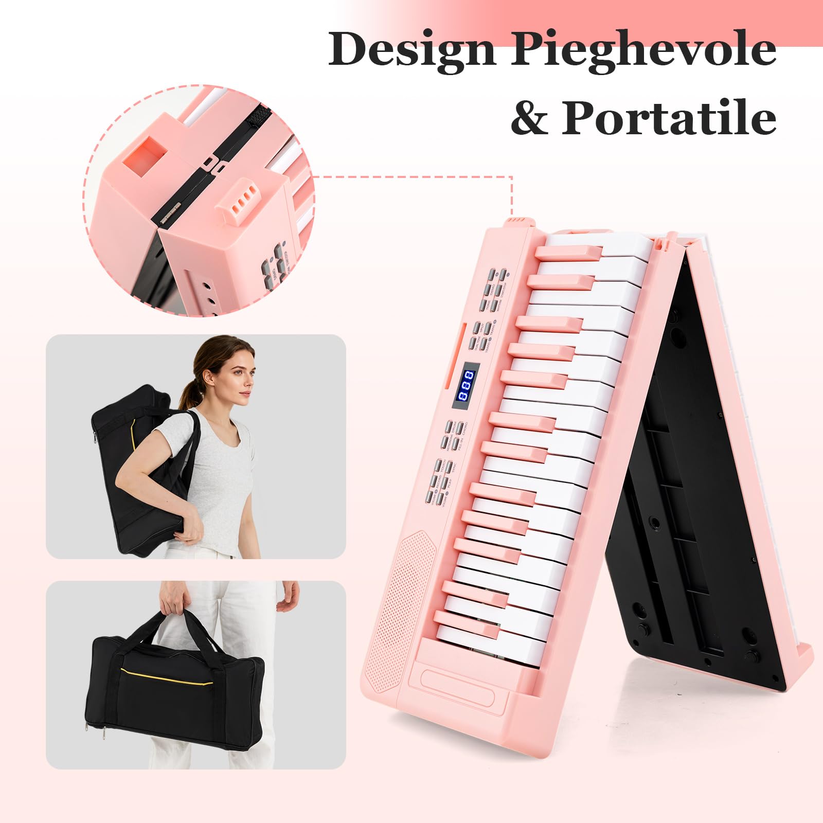 COSTWAY Tastiera Pianoforte Pieghevole a 61 Tasti, Tastiera Elettronica con Funzione MIDI, Cuffie, Pedale Sustain, Pianoforte Digitale Portatile per Principianti (Rosa)