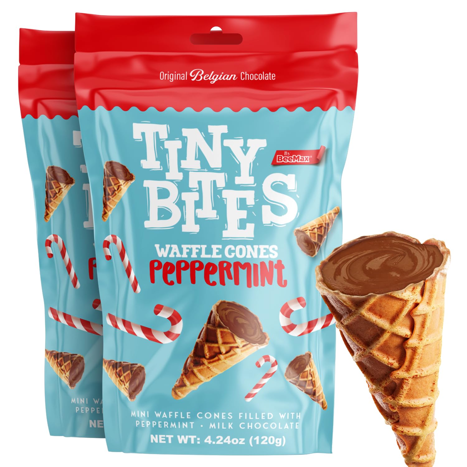 Tiny Bites - Crispy Mini Waffle Cones Treats - Premium Belgian Chocolate, 4.24 oz Bag (Pack of 2) - Delicious Variety of Flavors, Perfect Snack, Dessert, or Ice Cream Topping (2 Pack, Peppermint)