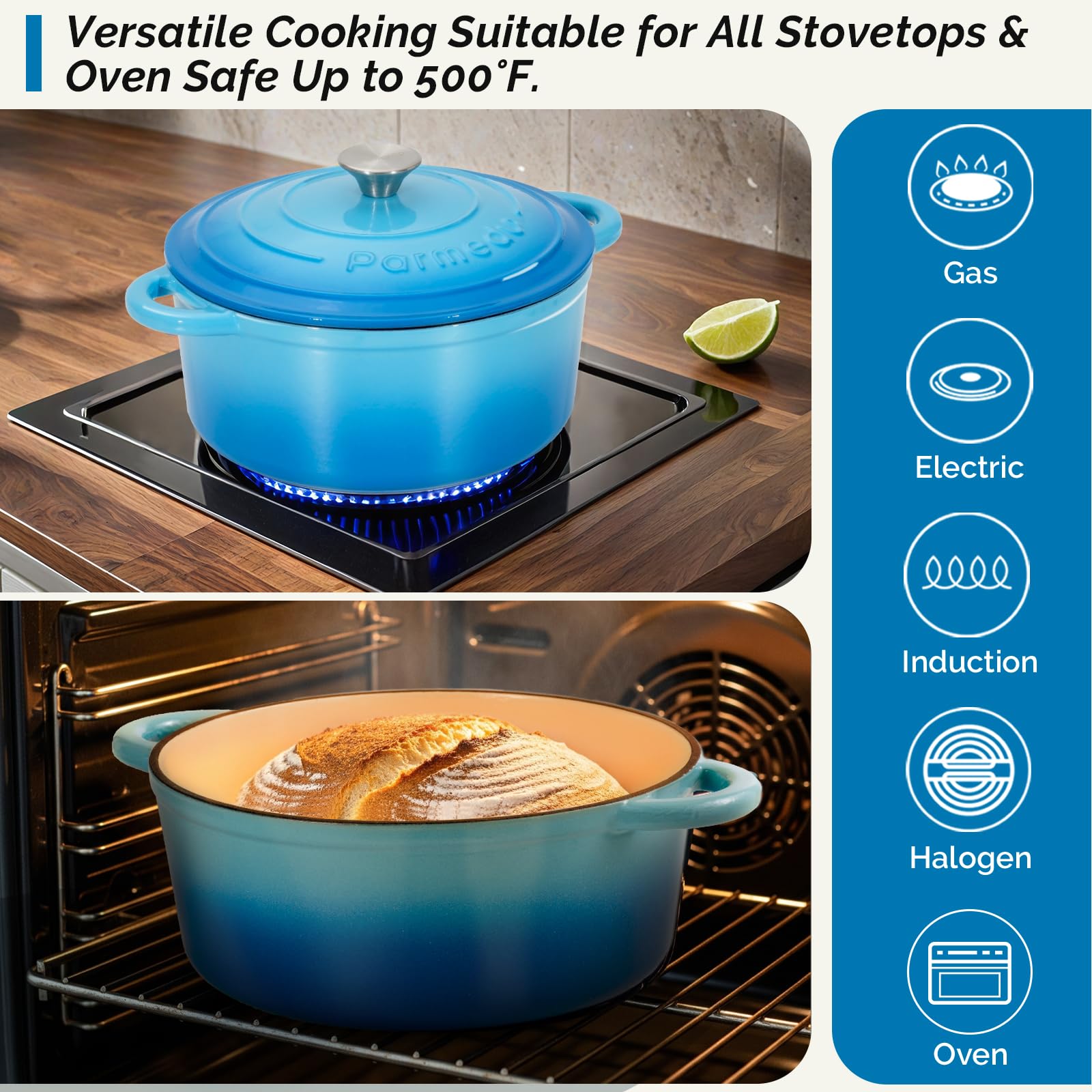 Parmedu Horno holandés de hierro fundido esmaltado, olla de 5.5 cuartos de galón con tapa, doble asa, utensilios de cocina resistentes para estofar, guisos, asar, hornear pan, azul océano
