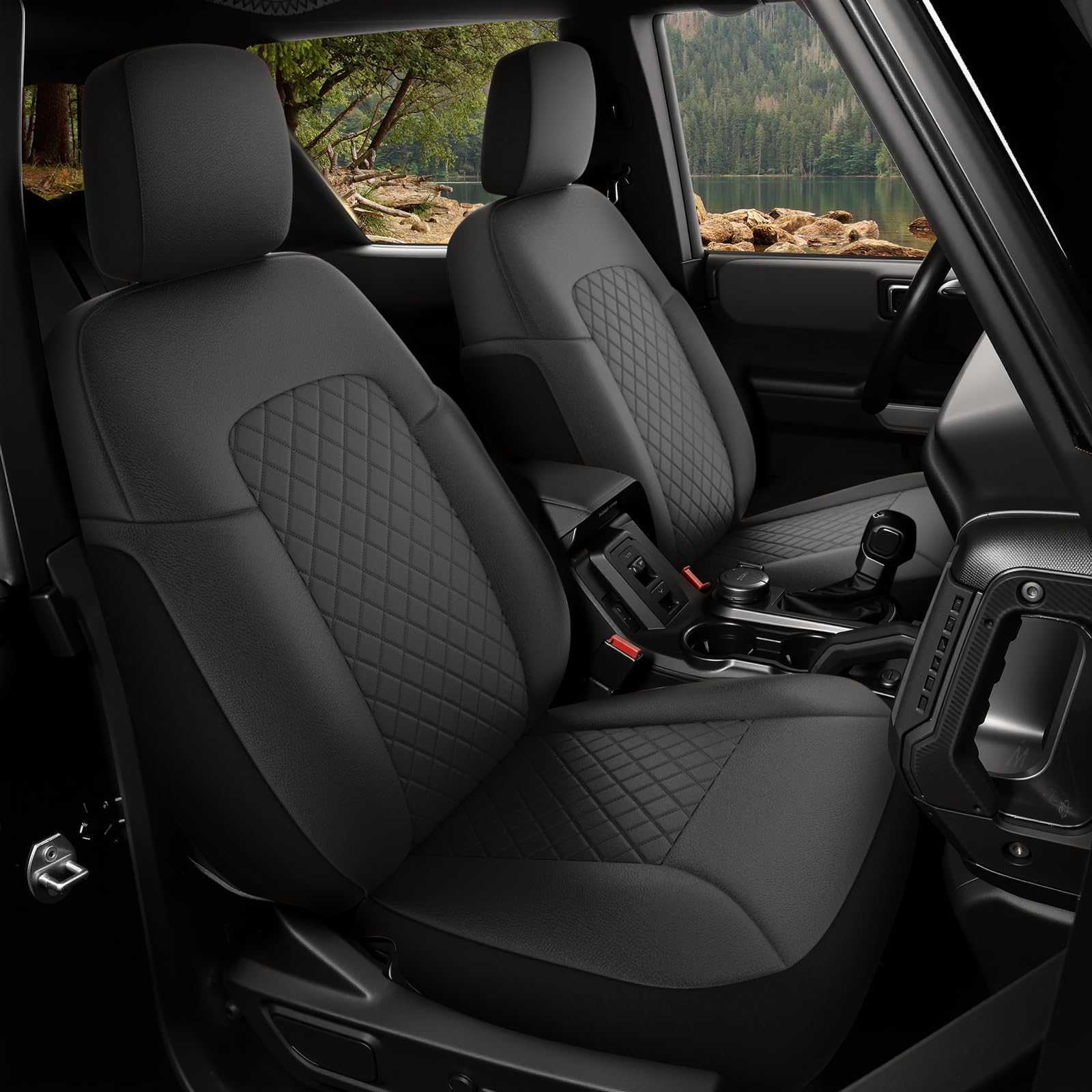 GIANT PANDA Full Set Car Seat Covers Custom Fit Ford Bronco 4 Door 2021 2022 2023 2024 2025 Base, Big Bend,Black Diamond,Outer Banks,Badlands,Wildtrak,Heritage with Rear Cup Holder,Faux Leather(Black)