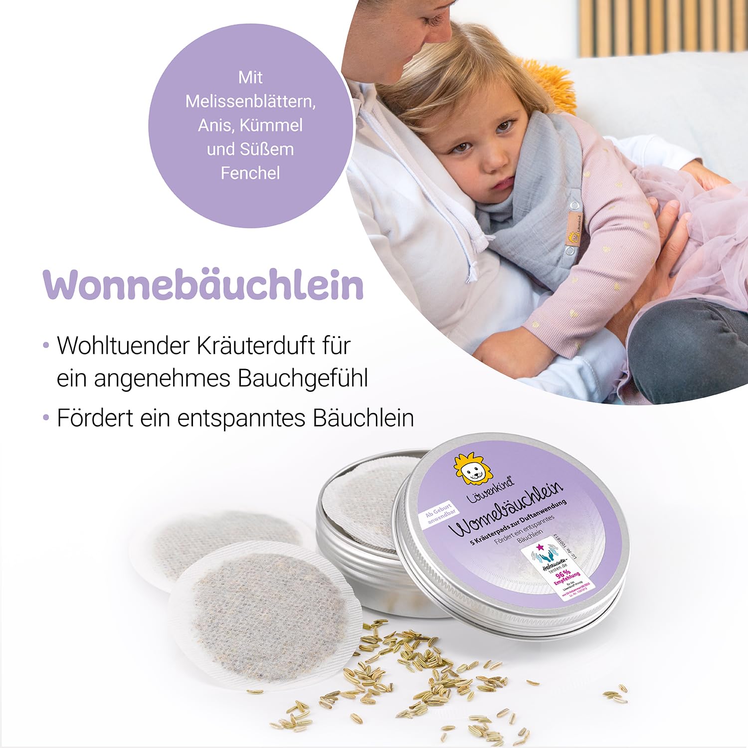 LÖWENKIND Wonnebäuchlein-Set für Bauchbeschwerden bei Babys und Kindern | Natürliche Kräuterpads ohne Zusatz ätherischer Öle Ab Geburt anwendbar Von Hebammen empfohlen 75 Tage Anwendung (Altrosa)