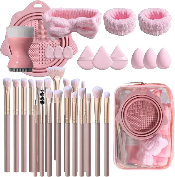 BS-MALL Makeup Brush Set 34 Pcs – Premium Synthetic Foundation Powder Concealers Eye Shadows Blush Brushes with Pouch (PINK)