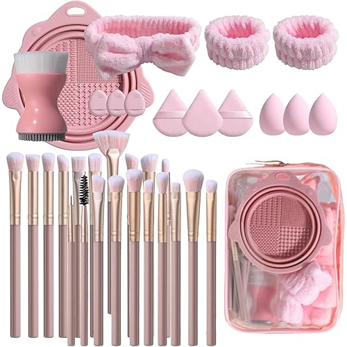 BS-MALL Makeup Brush Set 34 Pcs – Premium Synthetic Foundation Powder Concealers Eye Shadows Blush Brushes with Pouch (PINK)