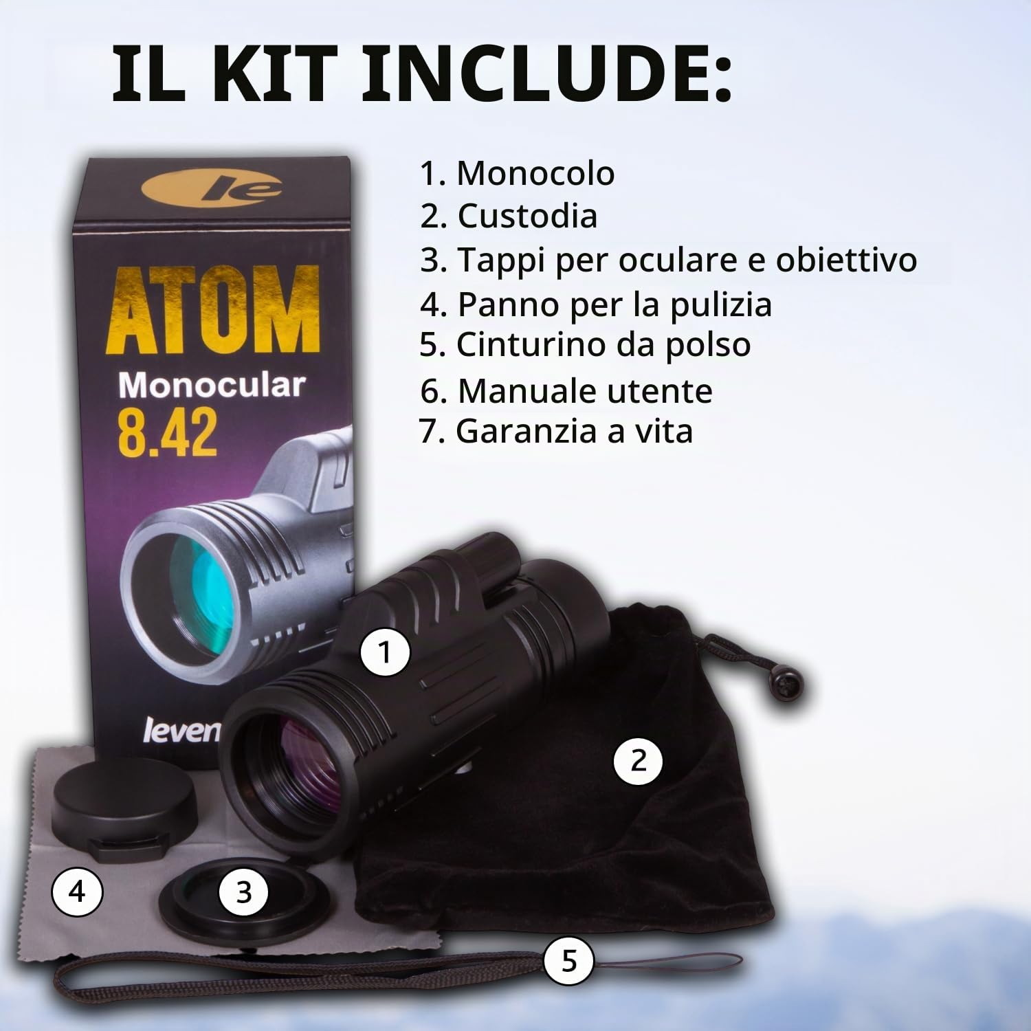 Levenhuk Atom 8x42 Monocolo Portatile, Compatibile con Treppiede | Cannocchiale Compatto e Leggero con Ottiche BK-7, Ideale per Escursionismo, Birdwatching, Campeggio, Caccia e Viaggi