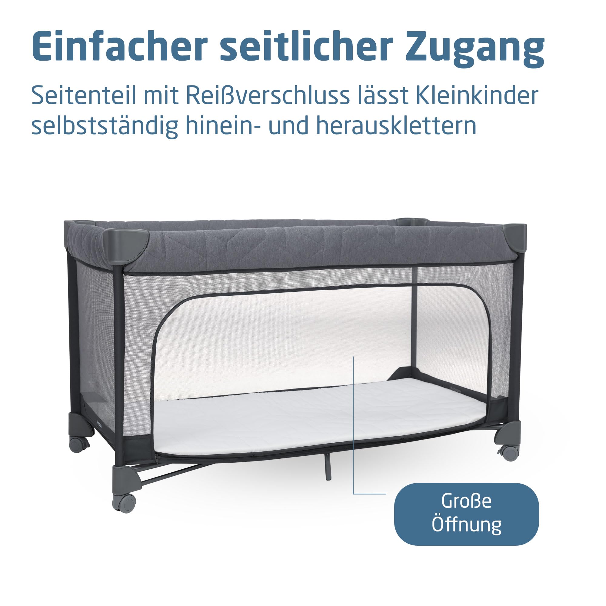 Maxi-Cosi Merlin, 2-in-1 Reisebett & Spielplatz, 0–4 Jahre, bis 18 kg, Baby und Kinderreisebett, In 1 s Klappbar, 120×60 cm CloudCore-Matratze, Seitliches Einstiegsfenster, 4 Rollen, Elegance Graphite
